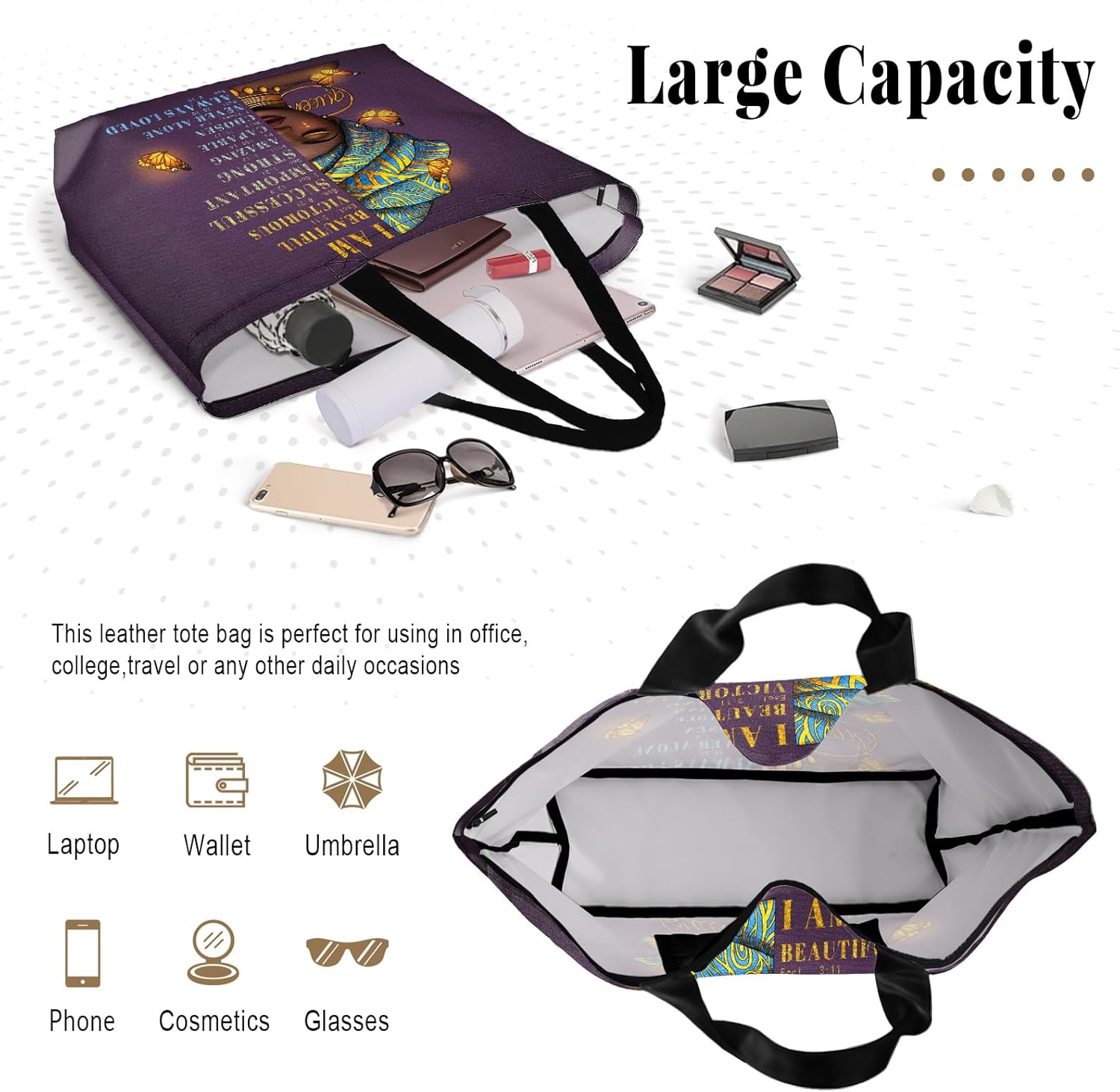 African American Black Women Tote Bag Black Girl Magic Shoulder Handbag For Work Travel Beach Shopping - Image 6