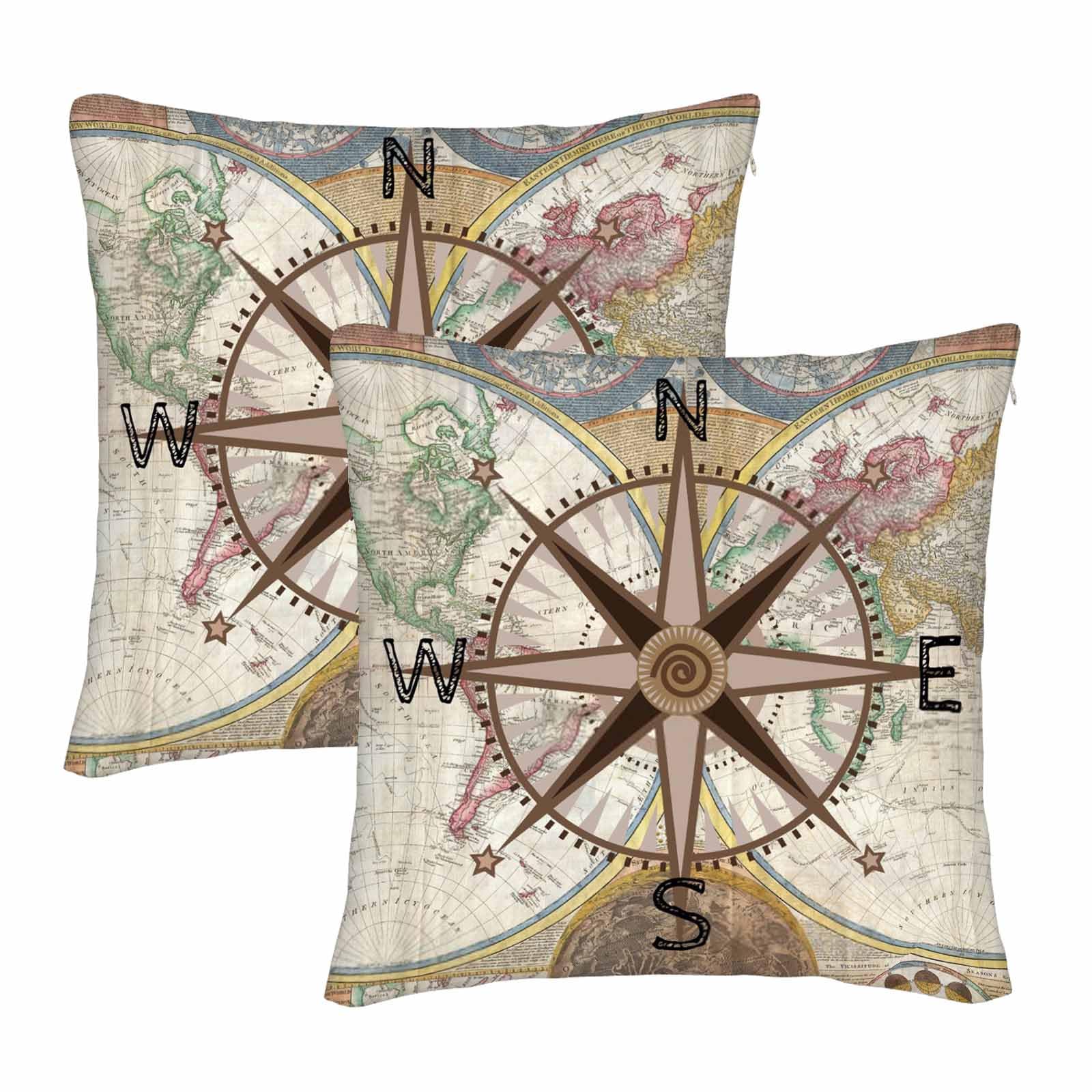 TKS MITLANNautical Compass Set of 2 Pillow Cases 18x18 inch Historical World Map Earth Exploration Vintage Decor Bed Pillow Covers with Zipper Indoor Decorative Couch Pillowcases Office Outdoor Deco