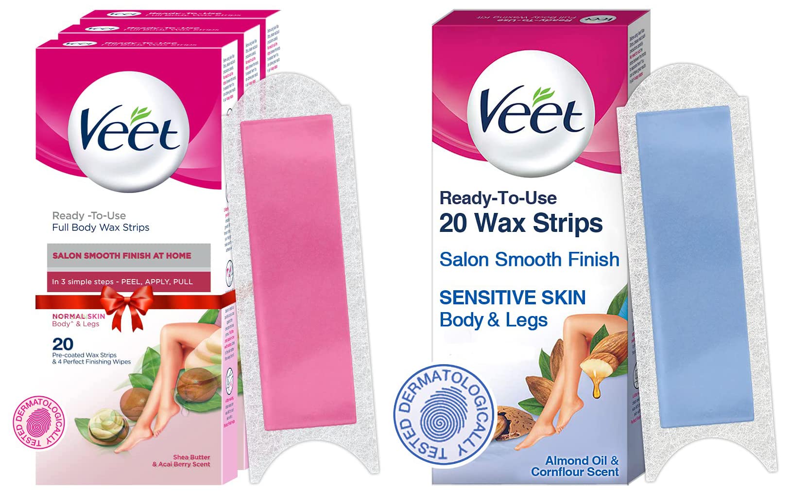 Full Body Waxing Kit Strip For Normal Skin - 20 Strips (Pack of 3) & Veet Full Body Waxing Strips Kit For Sensitive Skin (20 Strips)