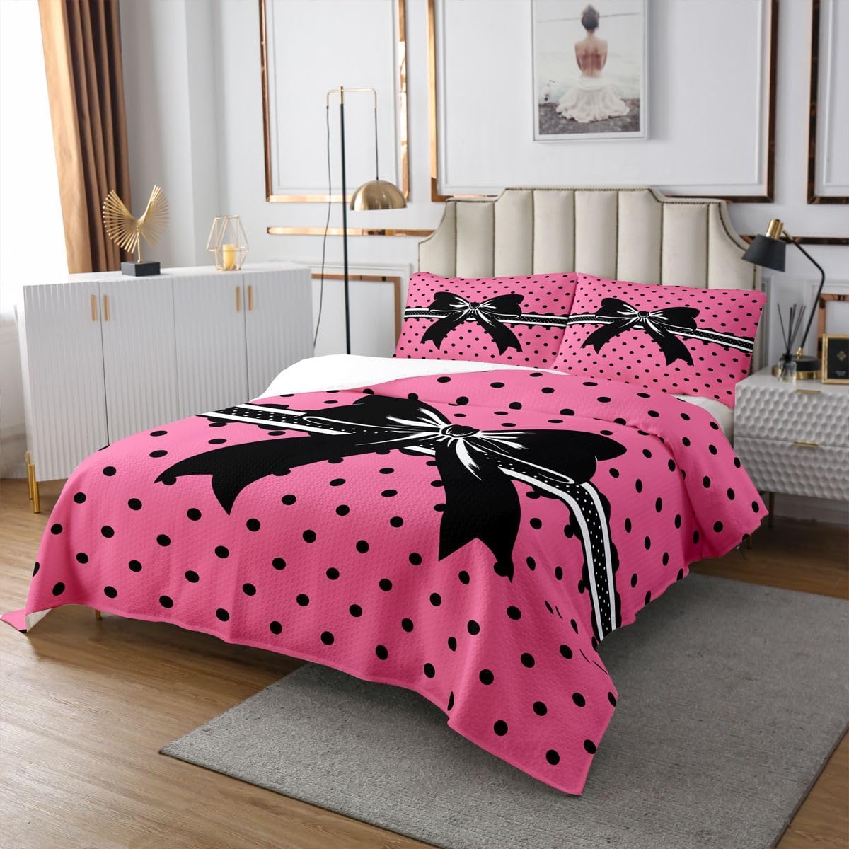 jejeloiu Cartoon Bowknot Bedspread 3 Pieces King Size Polka Dots Coverlet Set Soft Cozy Pink Black Lightweight Quilted Coverlet for All Season with 2 Pillowcases Princess