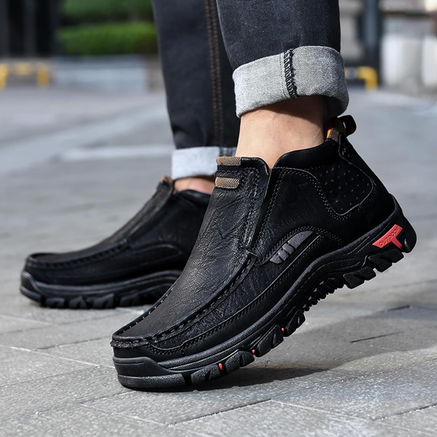 Men's Mid-top Outdoor Chukka Boots,Vintage Hand-Stitching Leather Arch Support Non-Slip Slip On Hiking Casual Shoes - Image 5