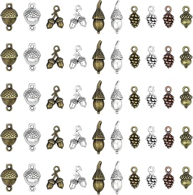 JIALEEY Pine Cone Acorn Charms Collection Mixed Tibetan Style Alloy Pinecone Pendants Nature Nuts Charm for Jewelry Making Accessory 50pcs100g