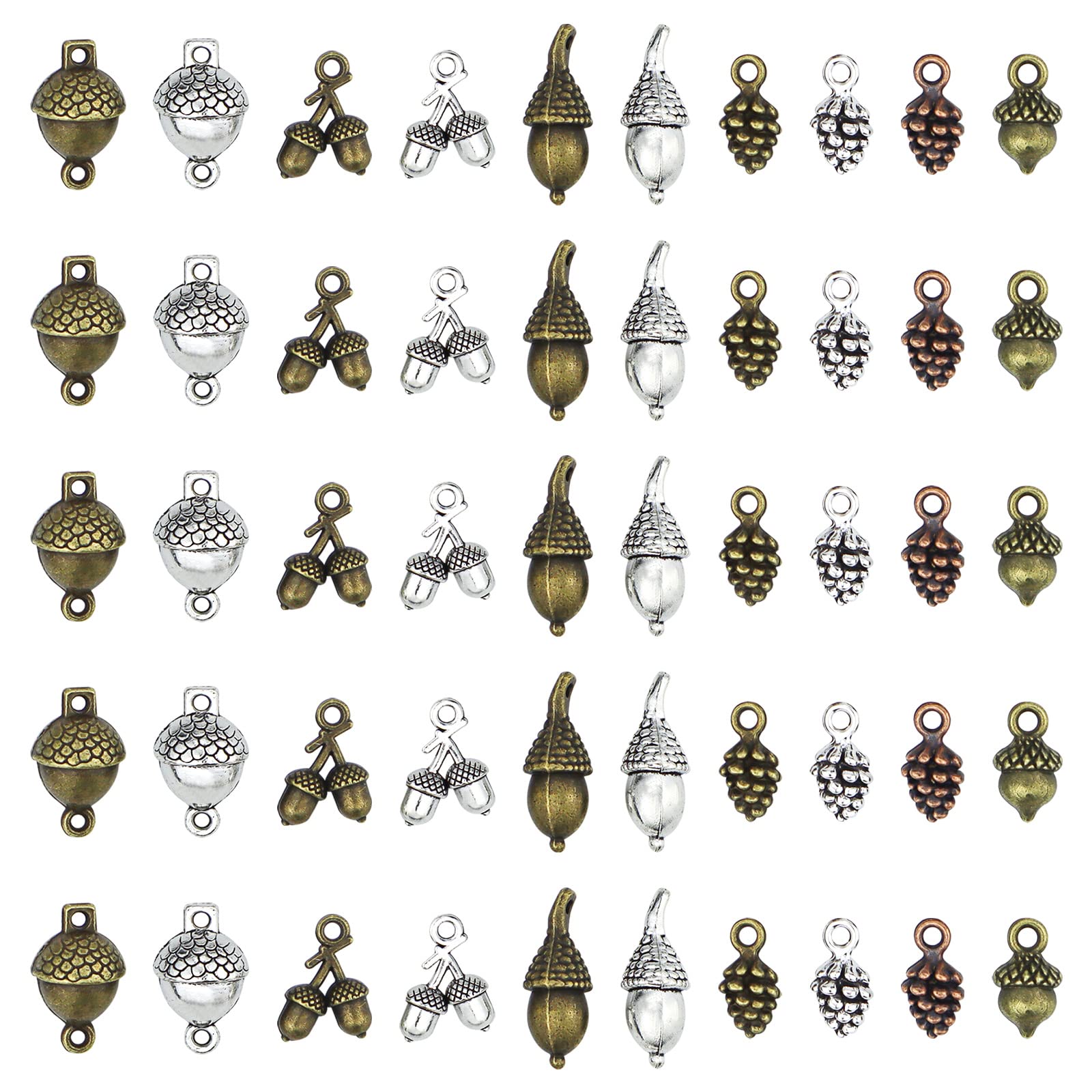 JIALEEYPine Cone Acorn Charms Collection Mixed Tibetan Style Alloy Pinecone Pendants Nature Nuts Charm for Jewelry Making Accessory 50pcs(100g)