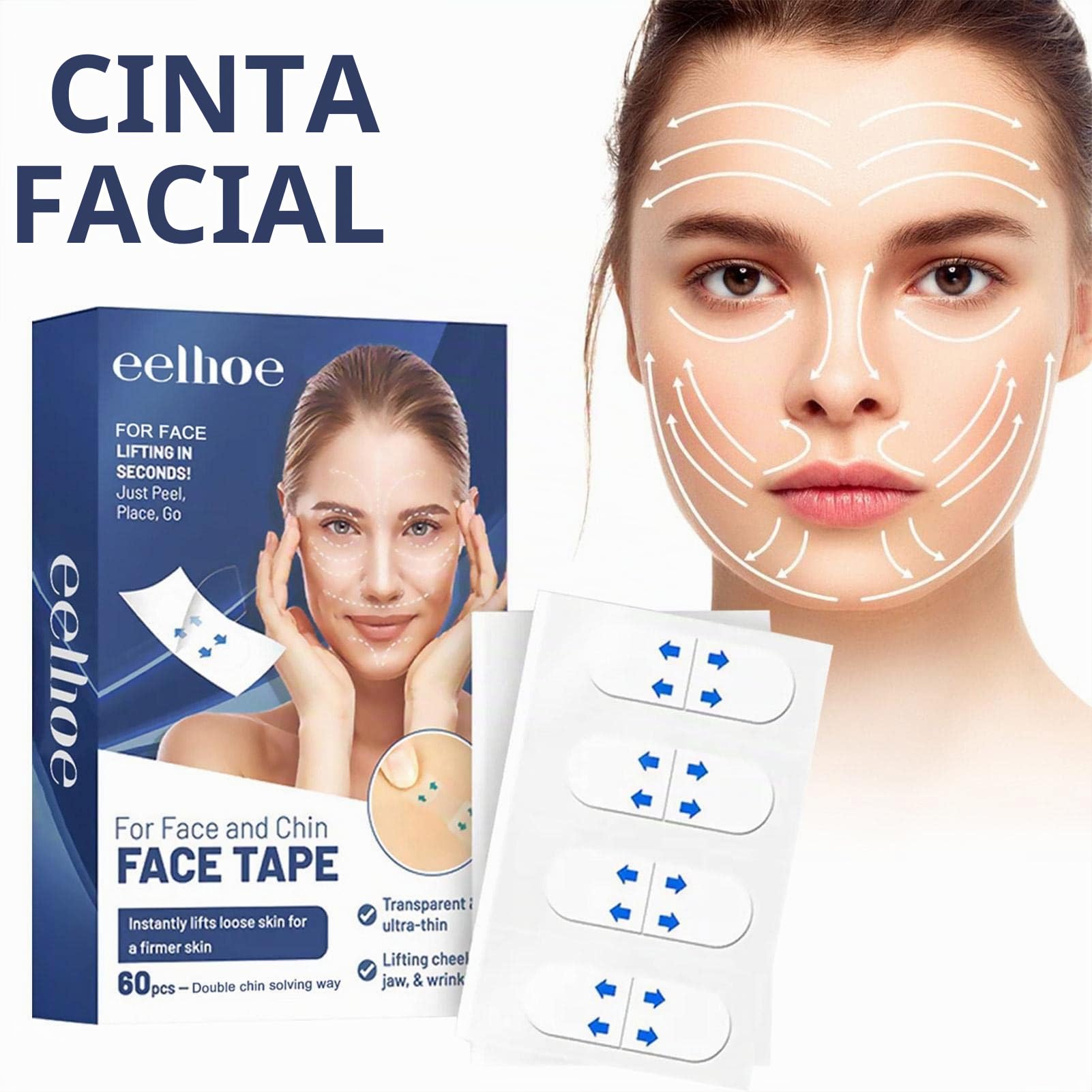 estiramiento facial invisible | Cinta facial antiarrugas | 60 unidades arrugas, cuello, mentón doble, mejillas, parches secretos maquillaje Lingjiong