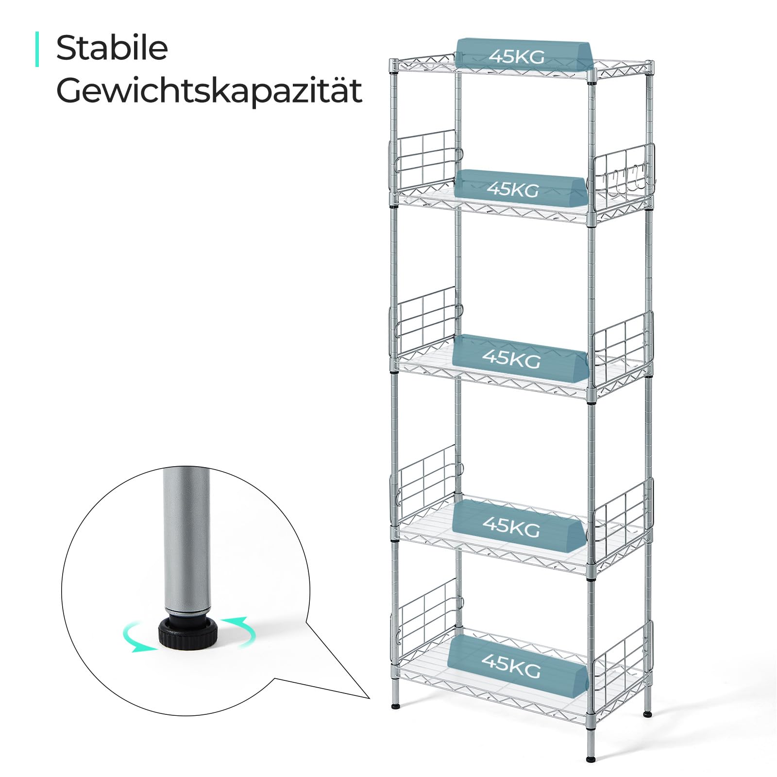 LINSY HOME Estantería de pie con 5 estantes, de Metal, con Ganchos extraíbles para sótano, salón, Oficina, soporta hasta 225 kg, 54 x 29 x 150 cm (Plata)