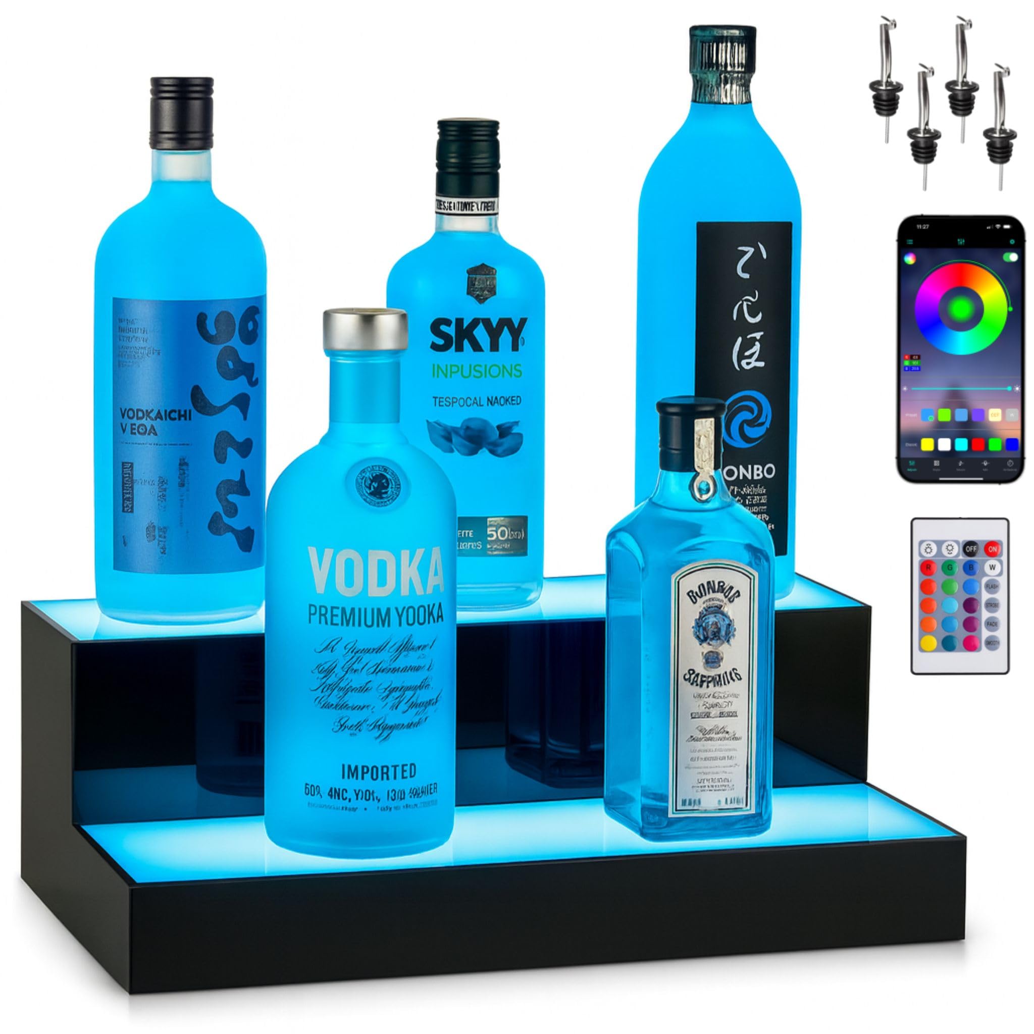 Boss Premium® BarUSA™ LED Lighted Bar Shelf Display Liquor Bottle Alcohol Whiskey Shelves Rack Stand Tray Units for Home Bar Living Room Accessories and Decor - Designed in USA (2-Step, 16 Inch)