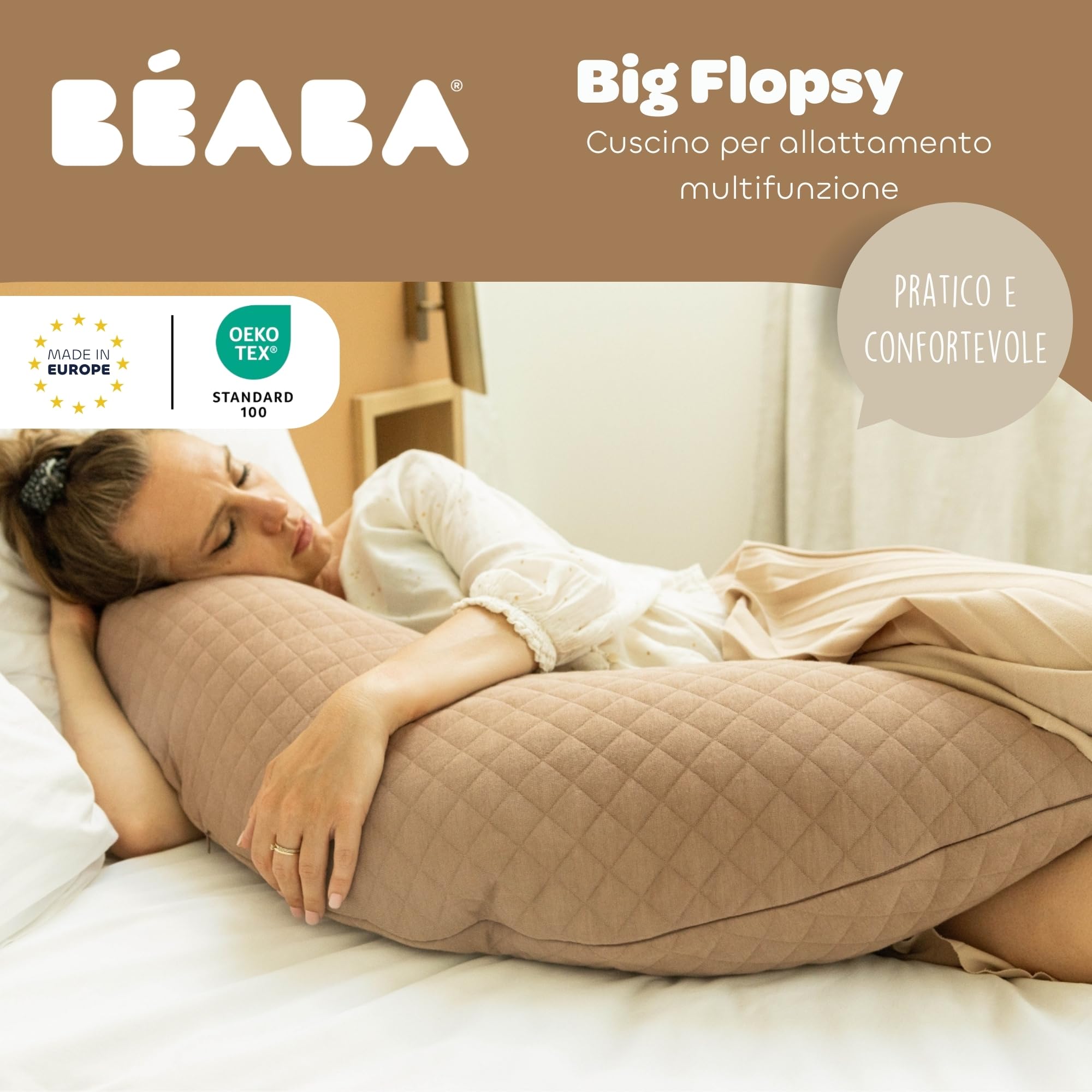 BÉABA Big Flopsy – Cuscino Allattamento e Gravidanza, Multifunzionale, Ideale per Dormire e Allattare, Supporto e Comfort Ottimale, Riposo Notturno, Tessuto Cotone Oeko-Tex – Cacao