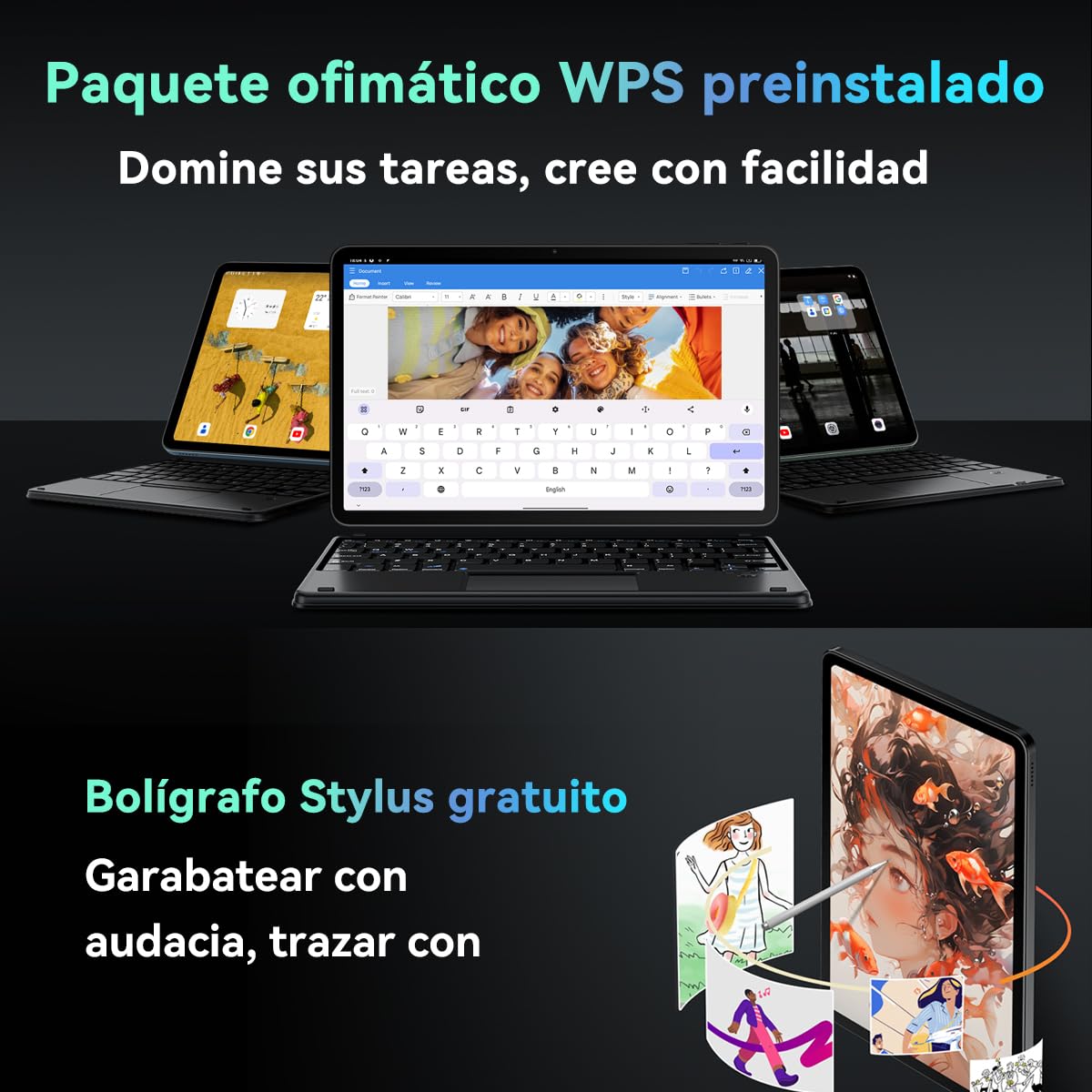 Blackview Tablet 12 Pulgadas con Teclado y Lapiz, 2K FHD+ Tablet Android 15, 18GB RAM 256GB ROM, Tablets con Tarjeta SIM 4G, 9000mAh, Protección Ocular, WideVineL1/ Ratón/Lápiz óptico/GPS/Face ID