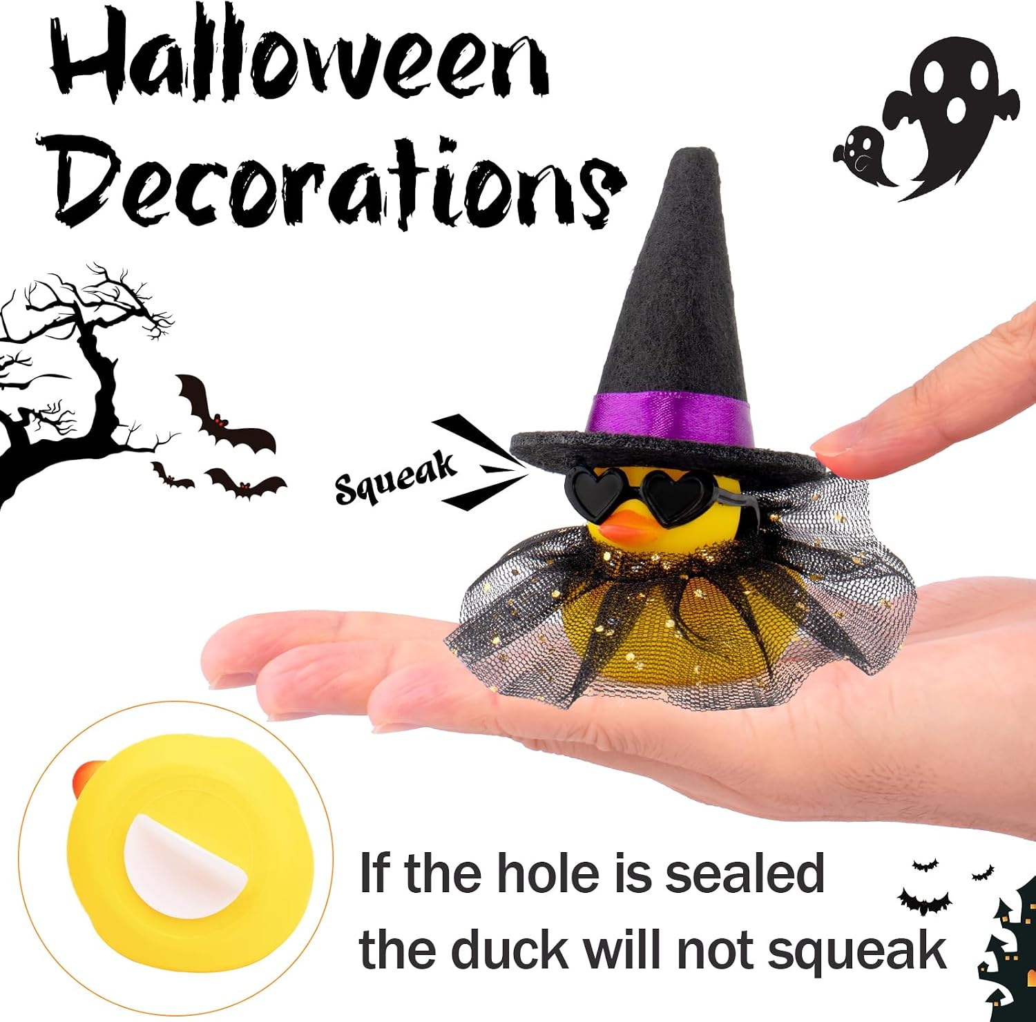 wonuu Car Dashboard Rubber Ducks for Halloween, Decorations Duck for Office Desk Ornament Accessories with Witch Hat Black Heart Glasses Skirt, for Halloween Party Gifts (Black)