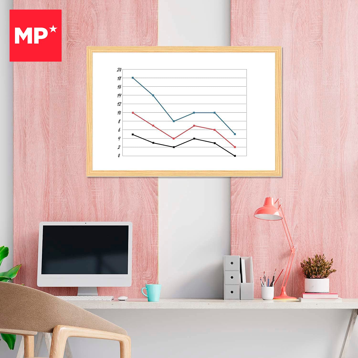MP-Pizarra Blanca, Rotulador Incluido, Marco Madera Natural, Resistente, Fácil de Borrar, 90x60, Ideal para Colegios, Tiendas, Hogares y Oficinas. Fácil Instalación, para Colgar, No Magnética.