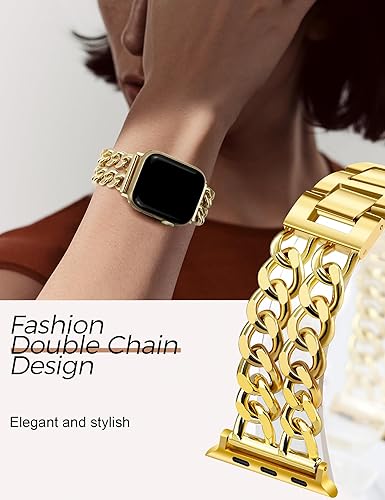 Miniatura 3 de JR.DM Correas de reloj doradas para mujer compatibles con Apple Watch Band de 1.654 in 1.732 in 1.772 in 1.929 in, correa de metal ajustable de