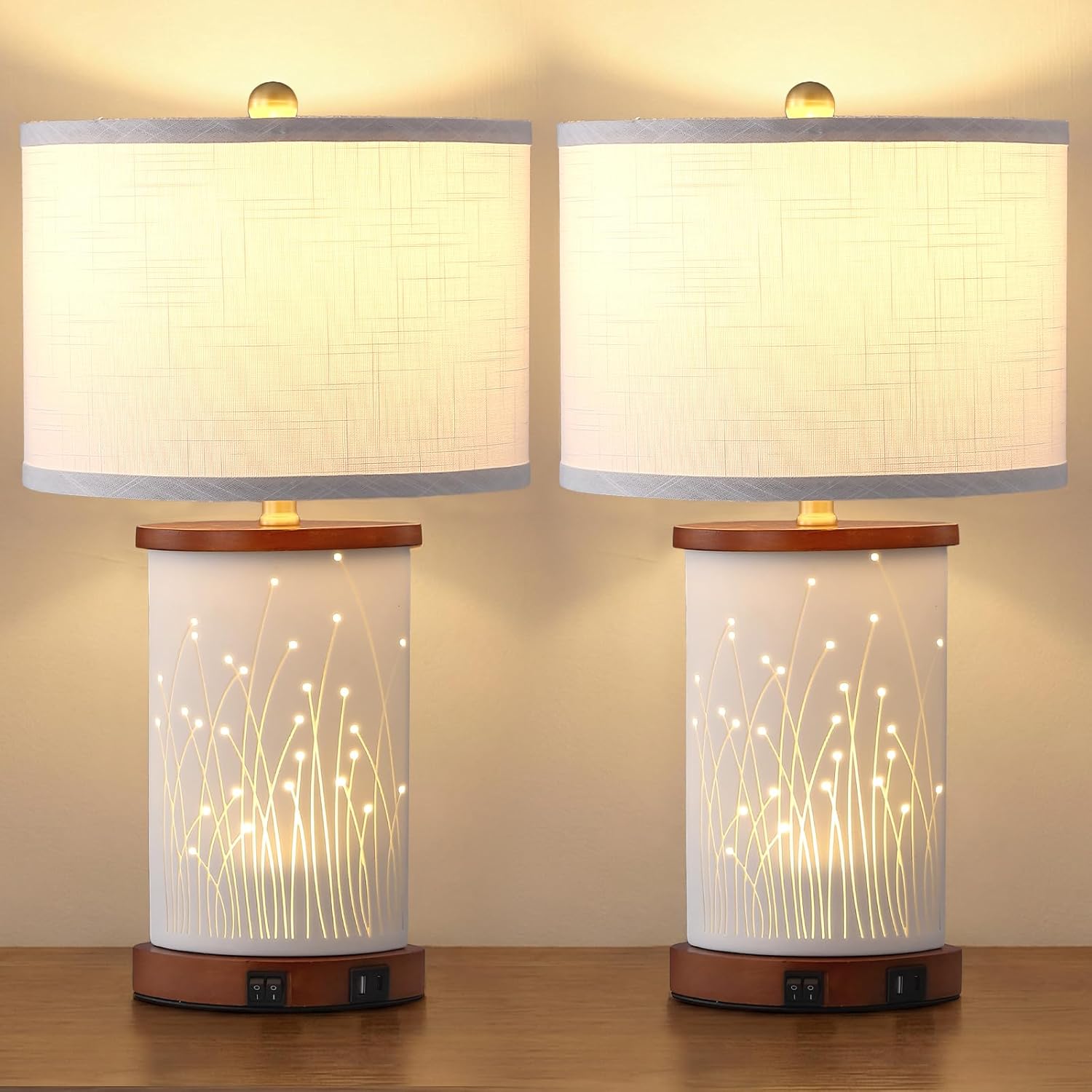 Set of 2 Ceramic Table Lamps with 3 Color Temperatures, Nightstand Table Lamps with AC Outlet, USB A & C Charging Port, Bedside Lamps for Living Room, Bedroom, Office Reading, Walnut