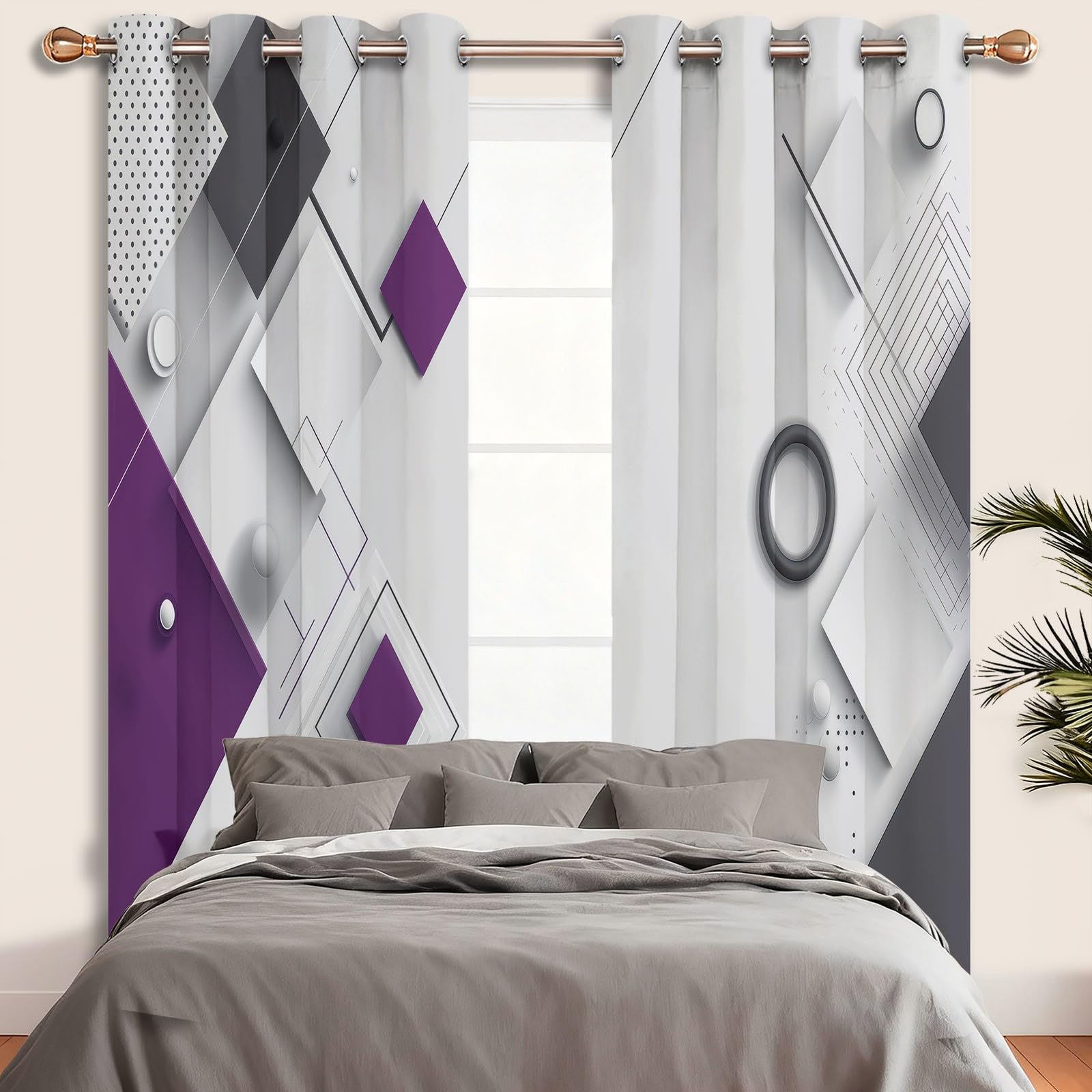 Rideaux Occultants Isolants Anti-Froid 91.5L X 160H cm (2 Panneaux), Design Géométrie Minimaliste Moderne, Tenture à Œillets Opaque pour Salon et Chambre, Gris Violet