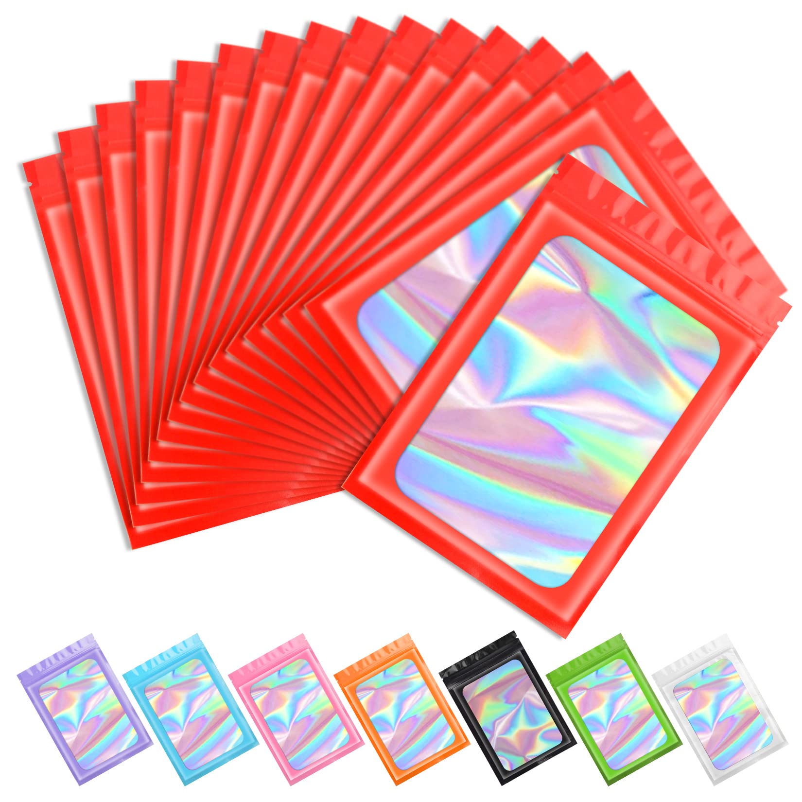 Funfery 100 pcs Red Mylar Holographic Bags, Clear Window Zipper Bag Resealable Smell Proof Bag Foil Pouch Bag for Food Storage and Lipgloss,Jewelry,Eyelash Packaging for Small Business(4x6In)