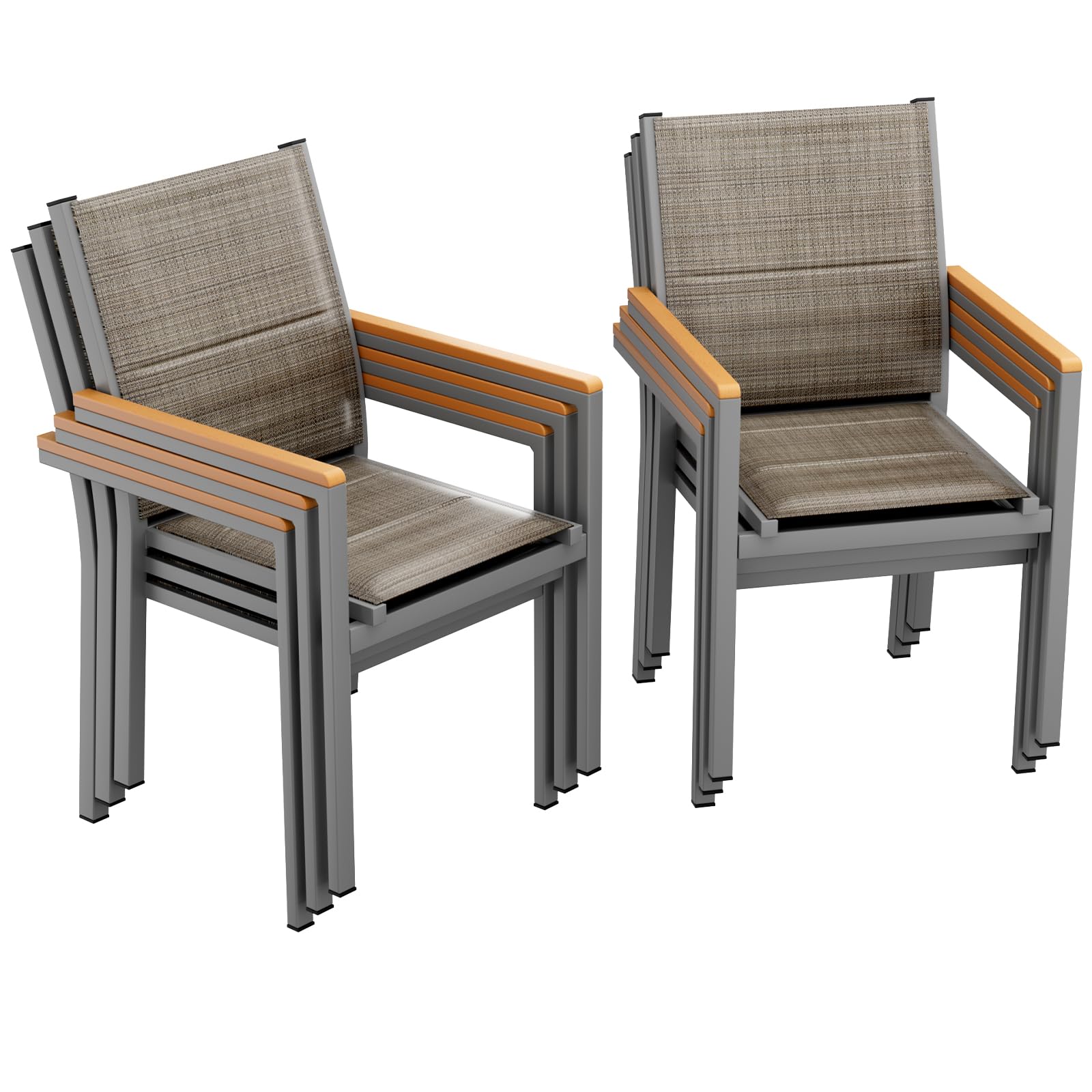 LIFERUN Lot de 6 chaises de jardin en aluminium avec dossier matelassé et assise empilables - Main courante en WPC - Pour terrasse, balcon, terrasse, piscine, restaurants - Marron lin