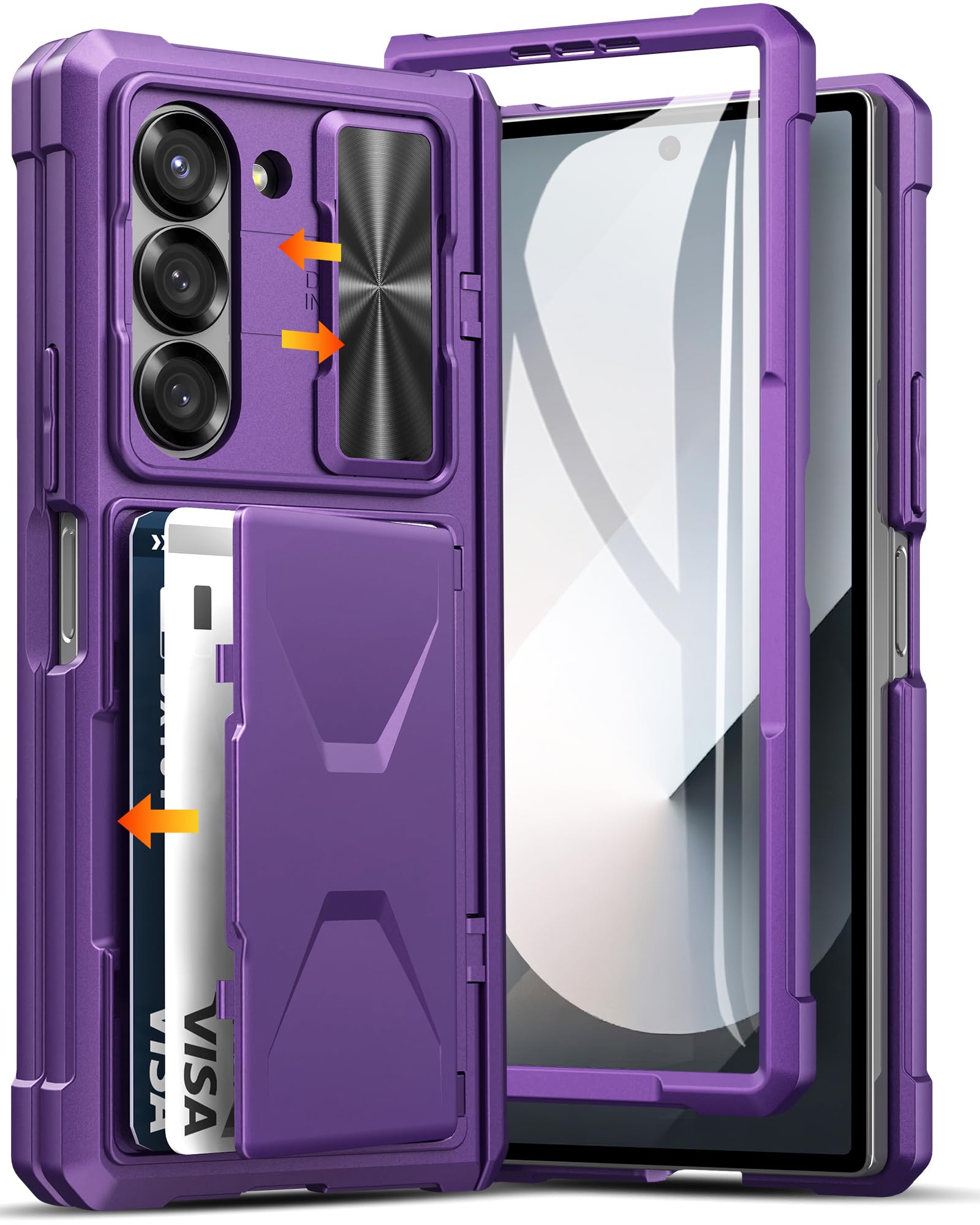 BXYJYfor Samsung Galaxy Z Fold 6 Wallet Case Built-in Card Holder & Slide Lens Cover & Tempered Screen Protector, Full Hinge Protection & Military Drop Protective Case for Samsung Z Fold6 5g, Purple