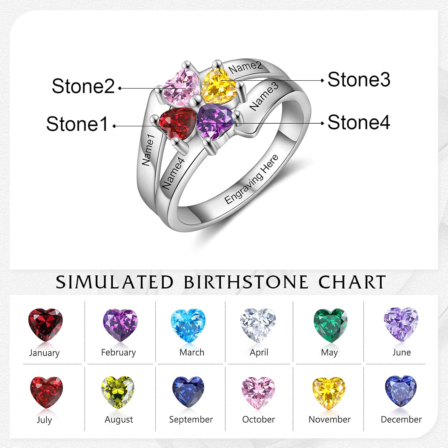 Jeweidea Mothers Ring Personalized Sterling Silver Ring with 4 Heart Simulated Birthstones Meaningful Anniversary Rings for Women Mom Grandmother
