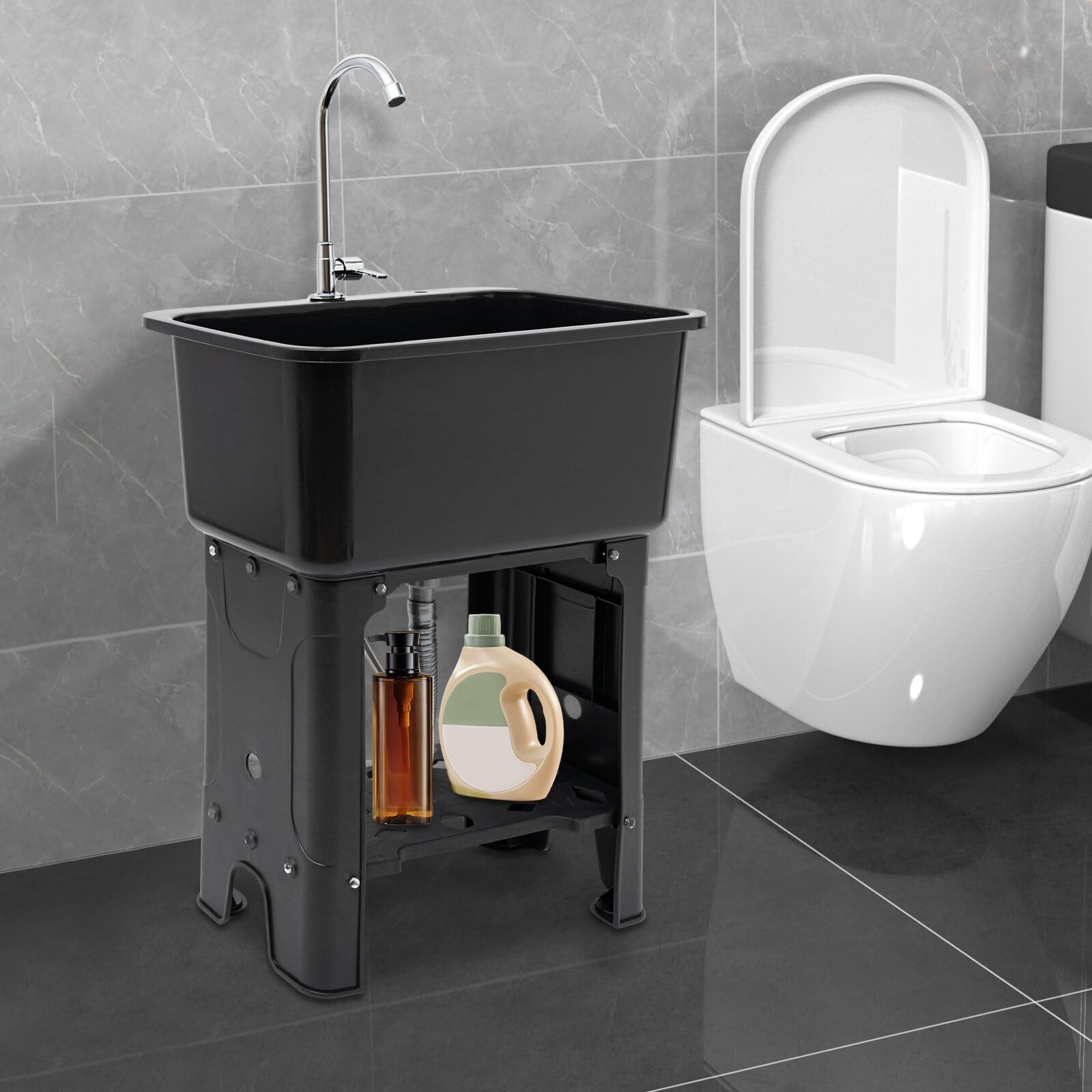 Fregadero independiente con grifo giratorio de 360°, estante de almacenamiento, tabla de lavado y manguera, fregadero multifuncional de altura ergonómica de 30 pulgadas con amplio espacio inferior