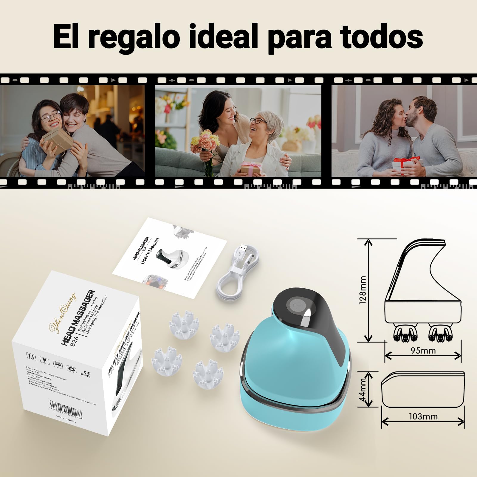 Masajeador de Cuero Cabelludo Eléctrico IPX7, 4D Recargable con 108 Puntos de Masaje, para Crecimiento del Cabello y Relajación - Uso en Cabeza y Todo el Cuerpo