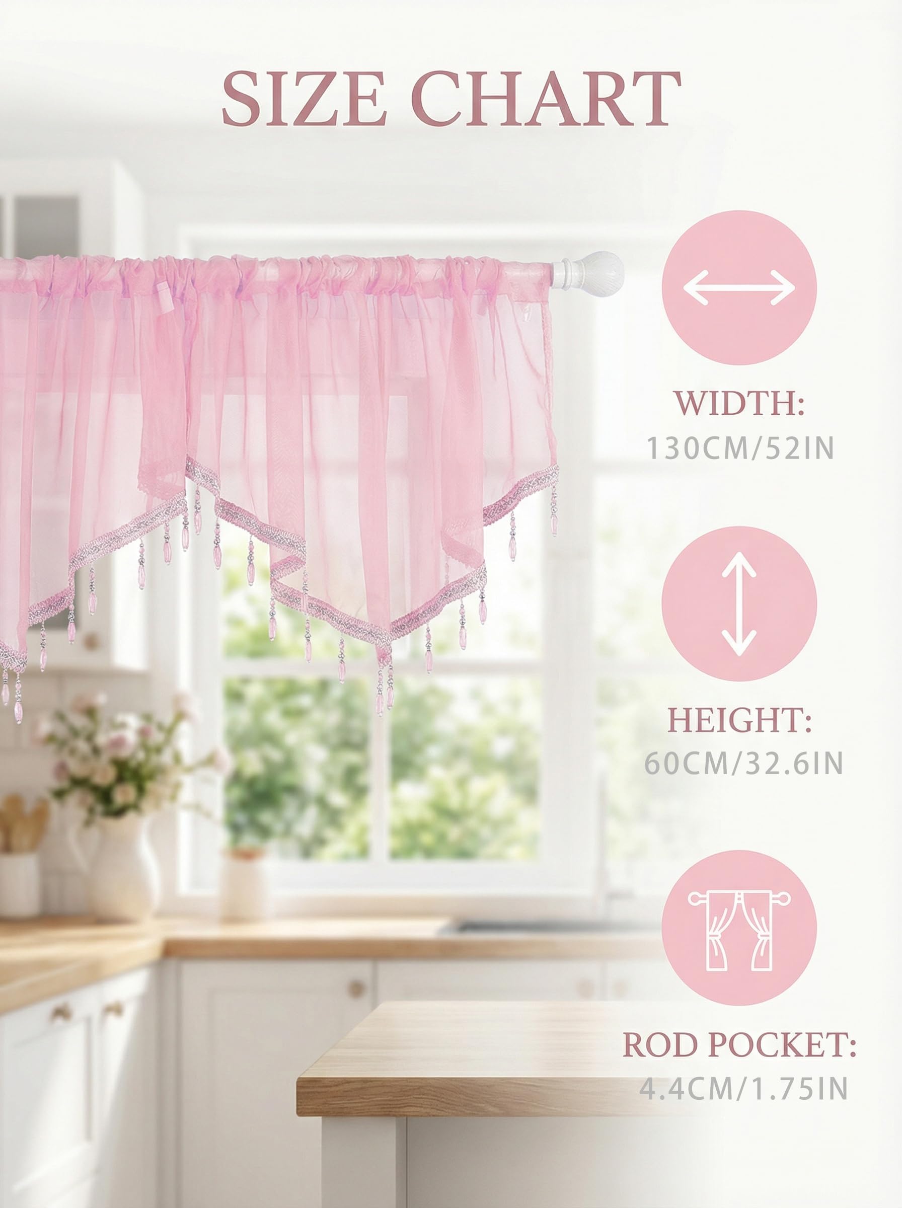 Molaxhome Swag Curtain Scalloped Curtain Valance Drape Sheer Lace Panel 1pc, Pink, W 51.2" x L 23.6" (1 Panels) - Image 3