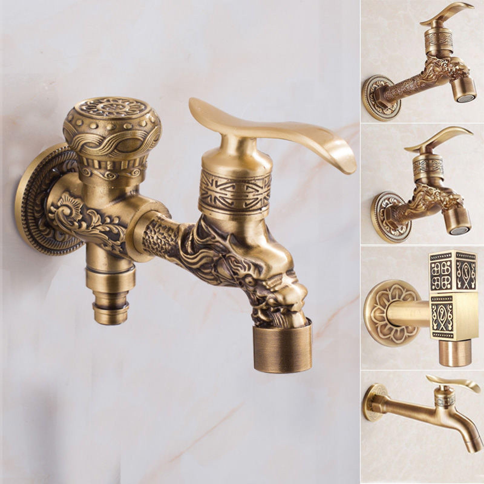 XYNSNDB Grifo para Lavadora en frío de Cobre Completo Antiguo de Estilo Europeo para balcón al Aire Libre, Grifo para Piscina con fregona de 4 Puntos montado en la Pared con Boquilla Brillante de 6