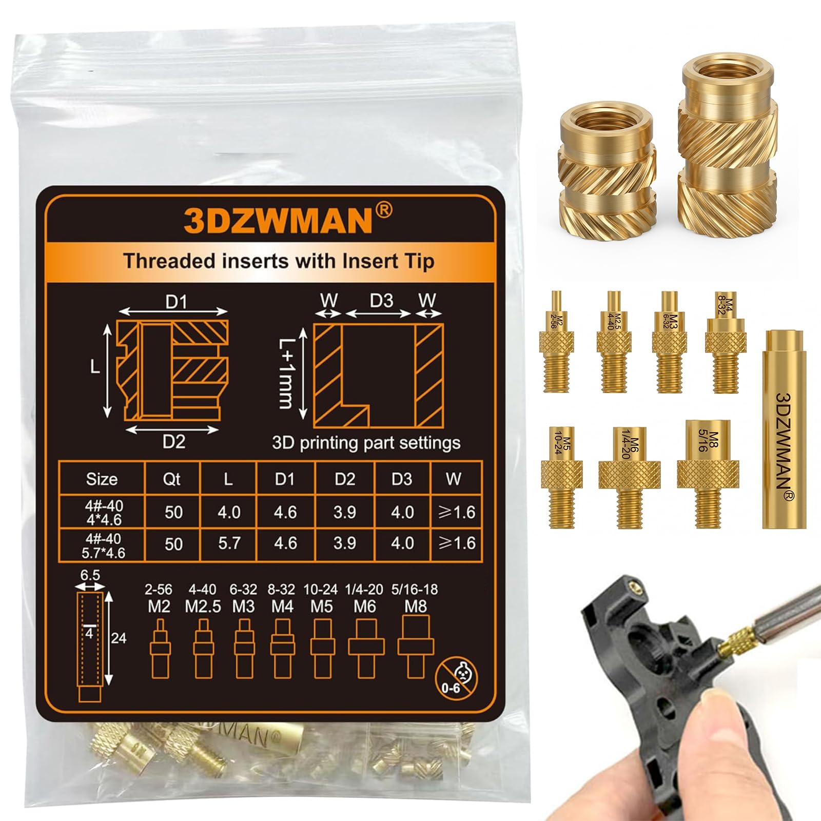 3DZWMAN 100PCS #4-40 Threaded Inserts for 3D Printed and Plastic Parts — image 1