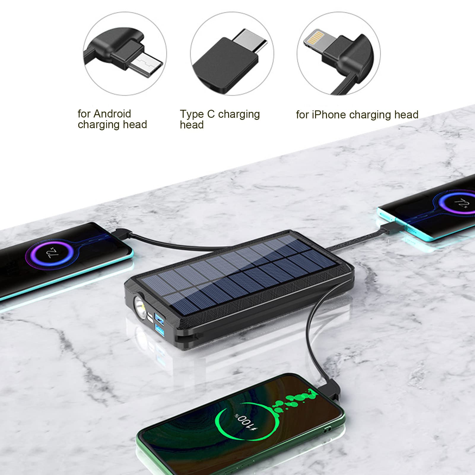 Marhynchus 30000 MAh Solar Power Bank z 4 Kablami o Dużej Pojemności Solarnej ładowarki Solarnej do Codziennych Podróży na świeżym Powietrzu, Wyposażone w Panele Słoneczne, światło LED,