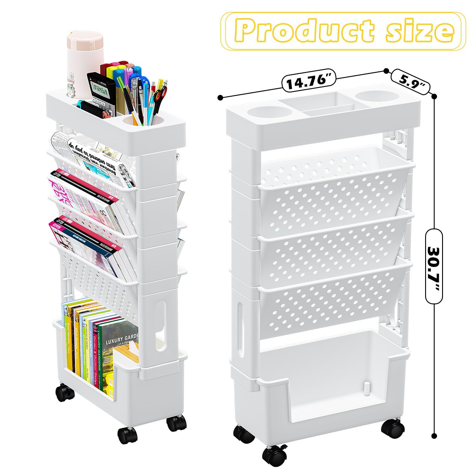 Snapklik.com : 5-Tier Mobile Book Rack, White, Metal & Plastic Frame ...
