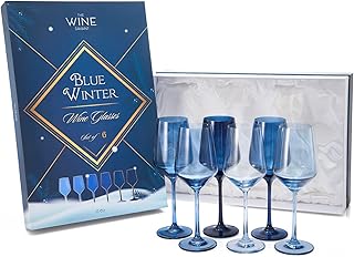 Winter Blue Christmas Wine Glasses Set of 6 Colored Crystal 12oz Navy Tall Stemmed Glassware for Holiday Celebrations, Elegant Drinkware Gift for Him, Her, Friends, Winter Snow Party Decor Gifts