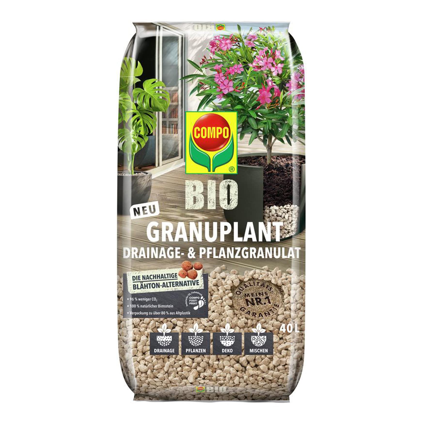 COMPO Bio GRANUPLANT® Drainage- und Pflanzgranulat – 100% natürlicher Bimsstein – nachhaltige Alternative zu Blähton 40L