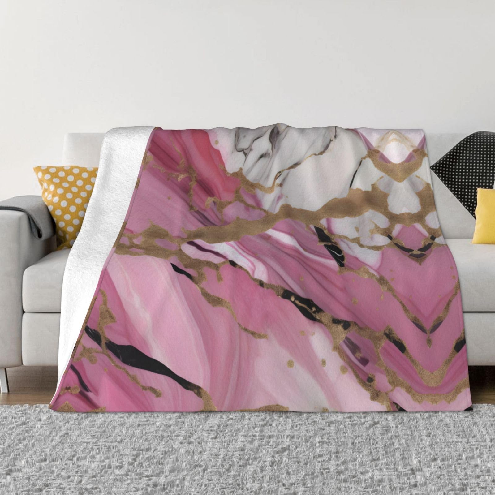Couverture polaire flanelle motif marbré blanc rose chaud doux
