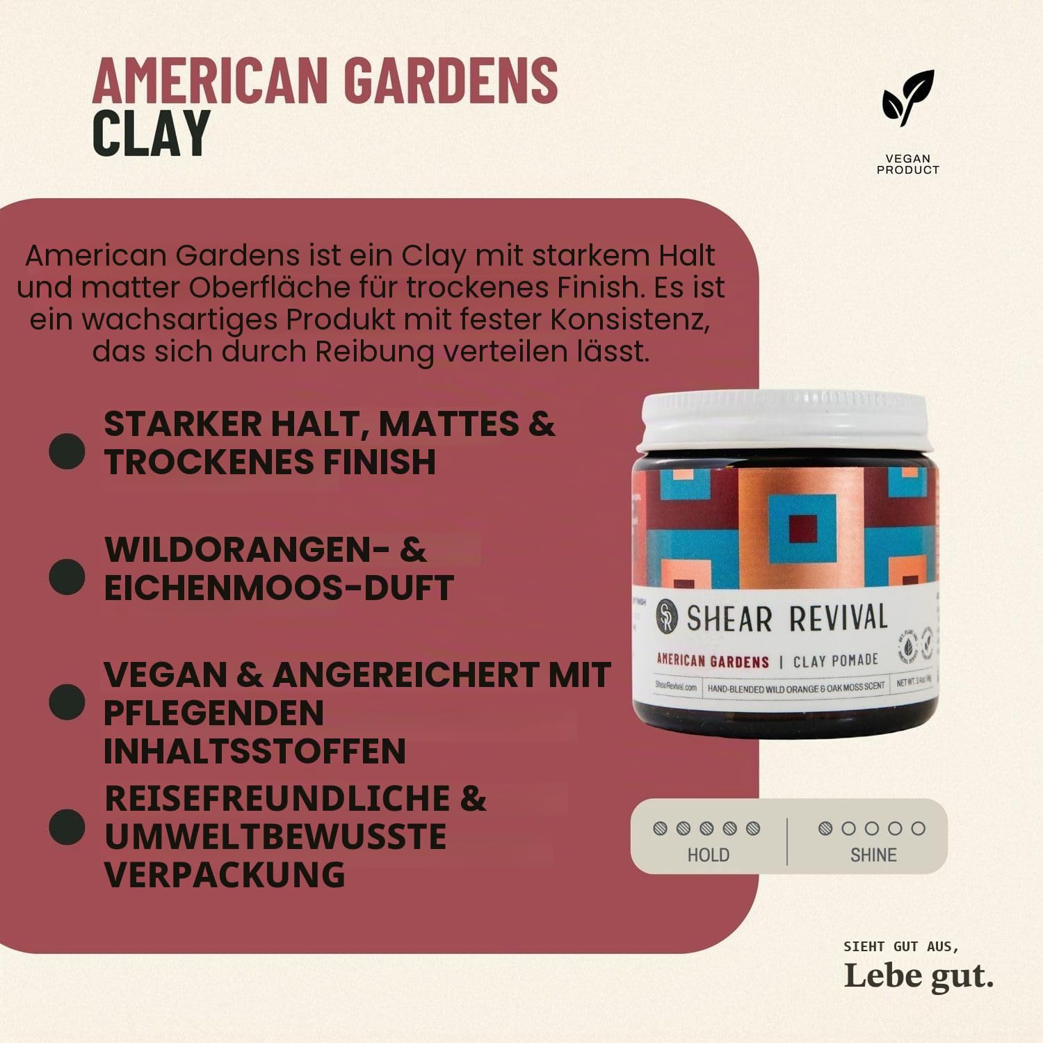 Shear Revival American Gardens Styling Clay | Starker Halt | Matte Textur | Natürliche Inhaltsstoffe | Leicht auswaschbar | 96g