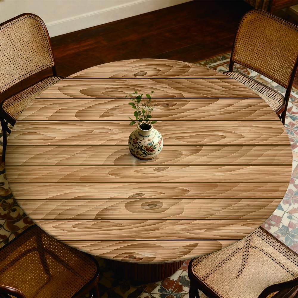 Round Fitted Tablecloth with Elastic Edge Rustic Wooden Texture Background Waterproof Washable Table Cover for Picnic Dining Indoor Outdoor, Fit for Diameter 58.2"-62.1" Round Table, Style141