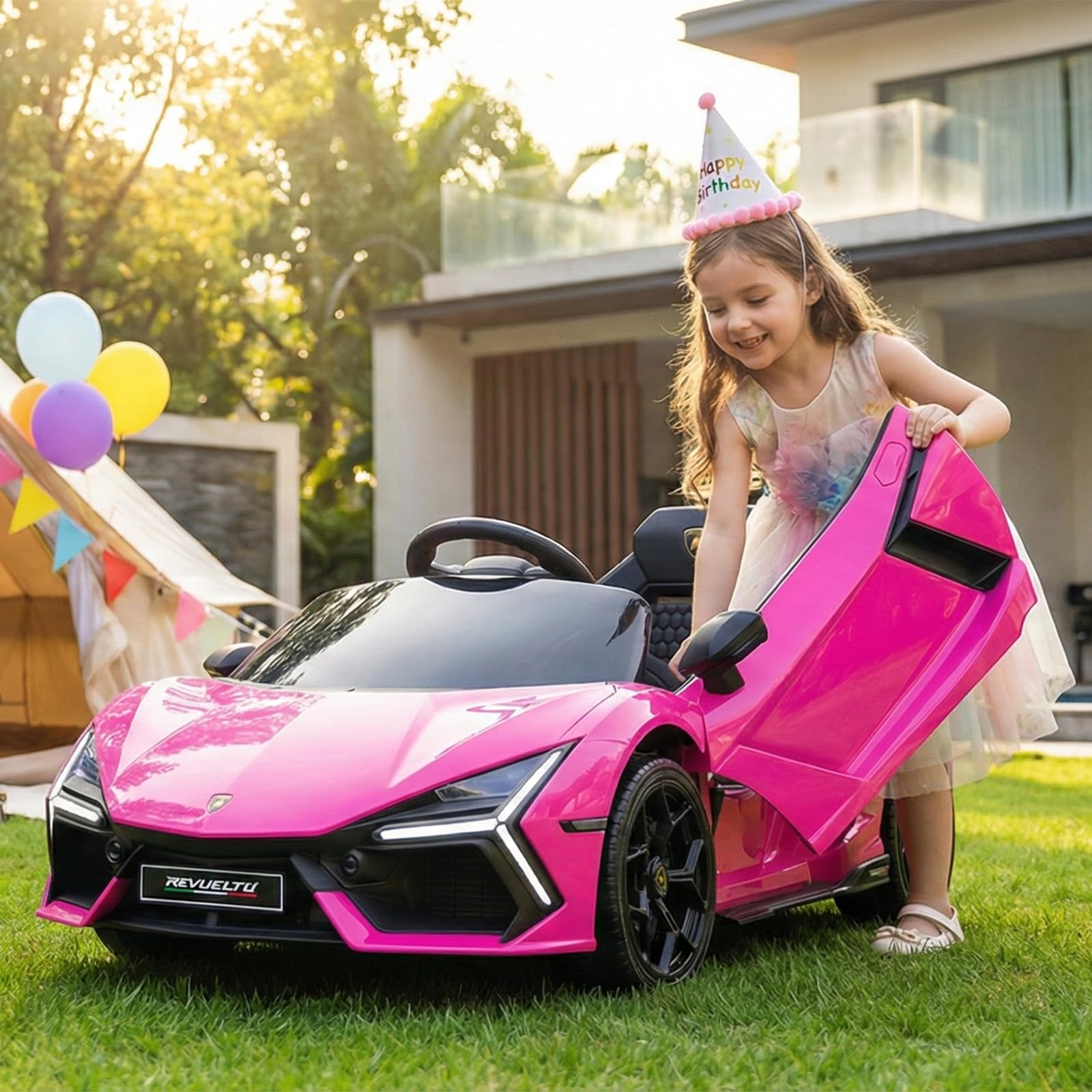 LALAHO Auto elettrica per bambini LAMBORGHINI REVUELTO 12 V (Rosa) | Doppi Motori, Telecomando 2.4 GHz, MP3, Sospensioni, Auto Elettrica per Bambini 3-5 Ann