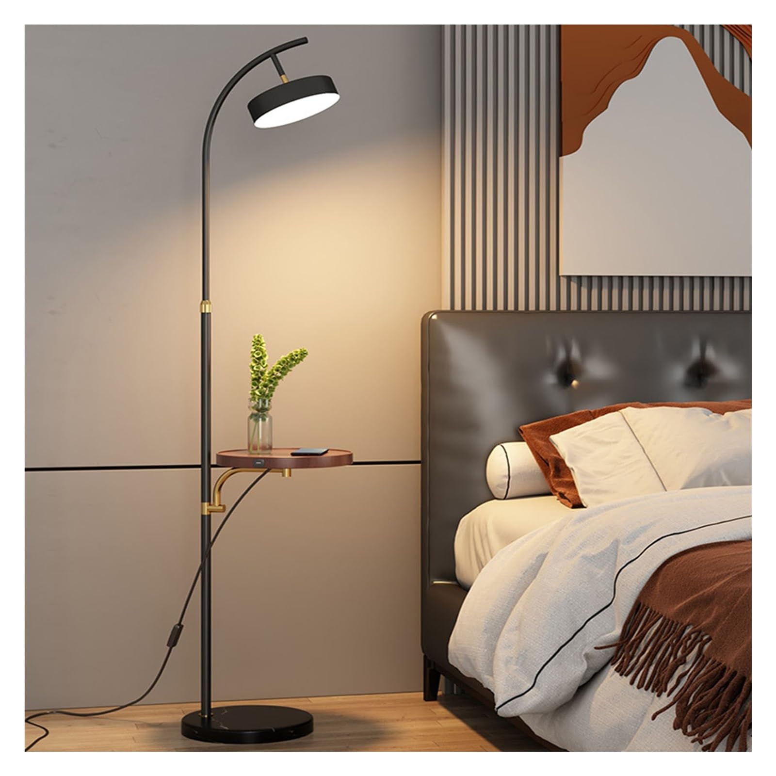 Z4T8M2K6G5 Tall Standing Lamp Floor Lamp with Table Attached Marble Arched Curved Tall Shelf Standing for Living Room, Office, 360° Rotatable Shade(Bruin)