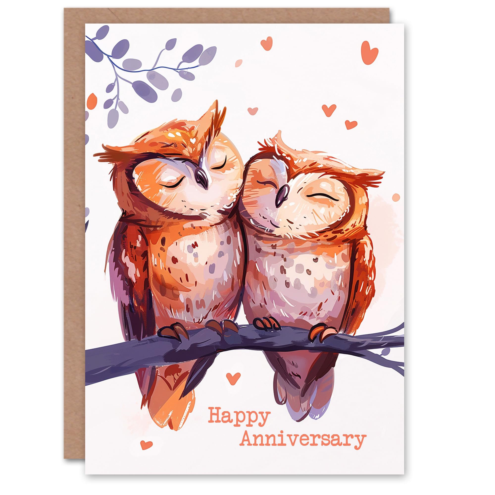 Artery8 Anniversary Card Two Cute Horned Owl Birds in Love Bright Sweet For Him or Her Partner Greeting Card
