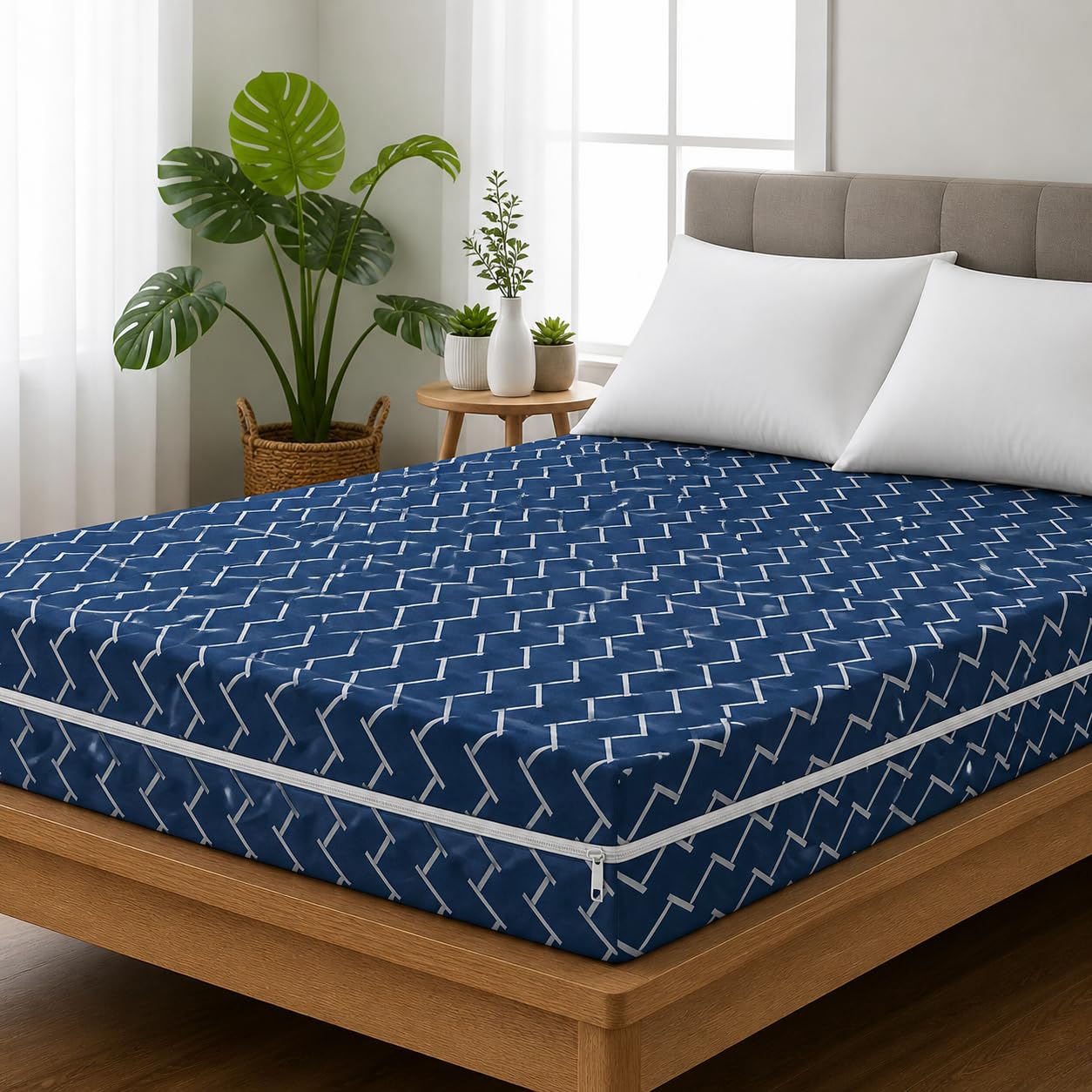 Premium Cotton Printed Mattress Cover/Protector with Zipper Chain|Provides All Around Protection with 360° Encasing |Single Size Bed - 72x36+6 inches (6 x 3 Feet Mattress) - Dark Blue-image-21