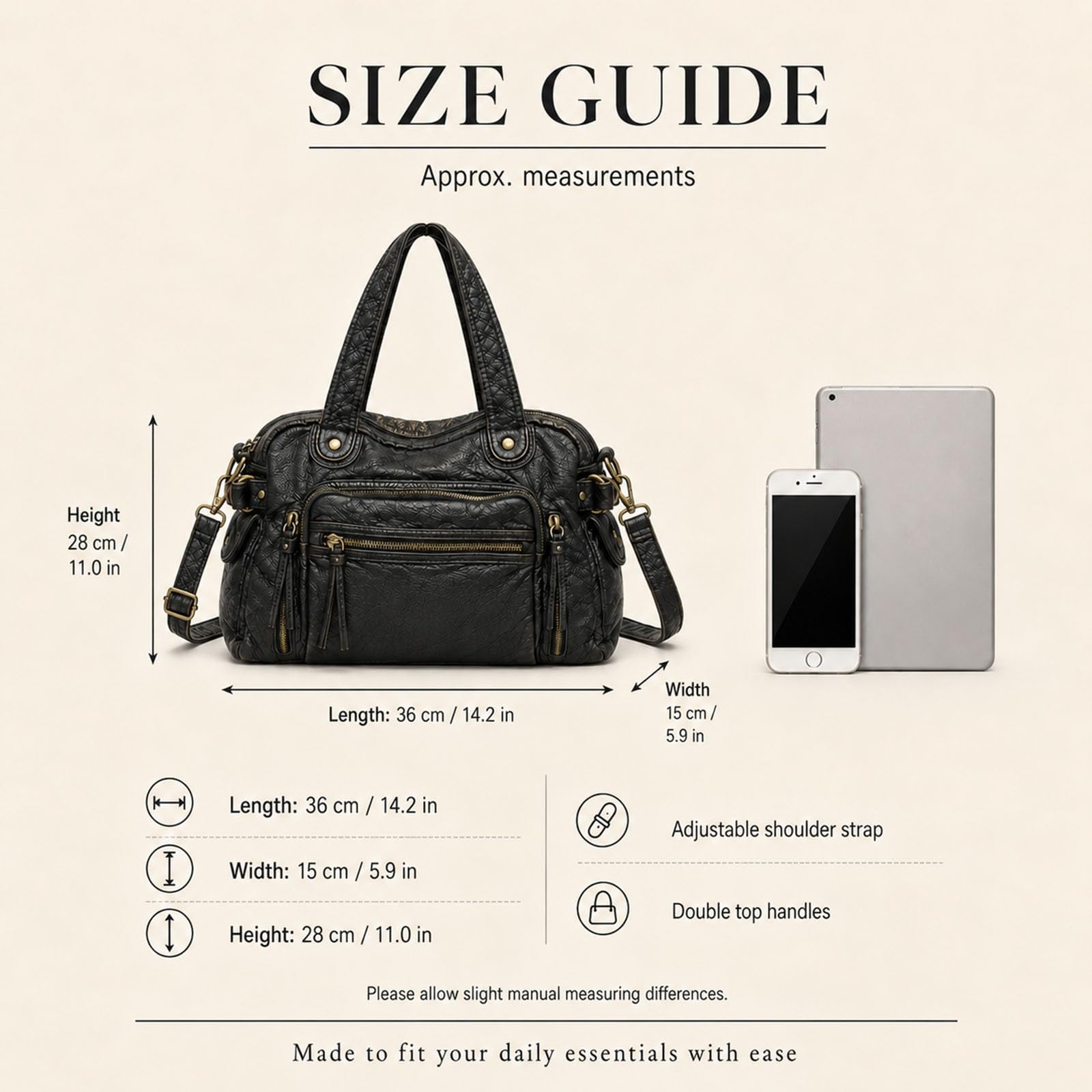 Bolso Mujer Grande, Tote Bag Vintage en Cuero PU, City Bag para Viaje