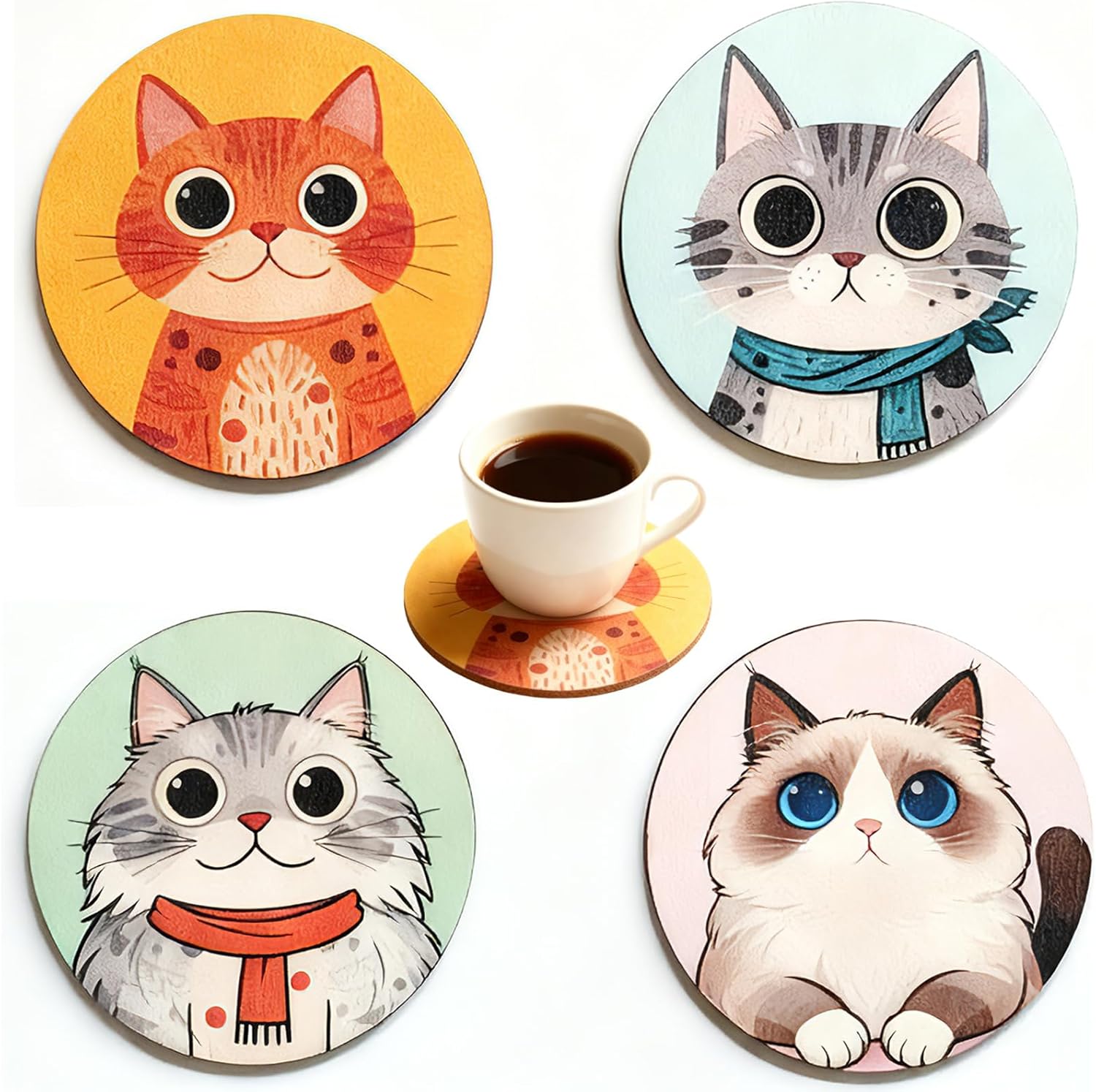 Coasters Set of 4, Wood Coasters for Drinks - Handcrafted Cat Design Thick Heat-Resistant for Beer, Coffee, Office, Bar, Farmhouse Home Decor, Tabletop Protection, for All Cups