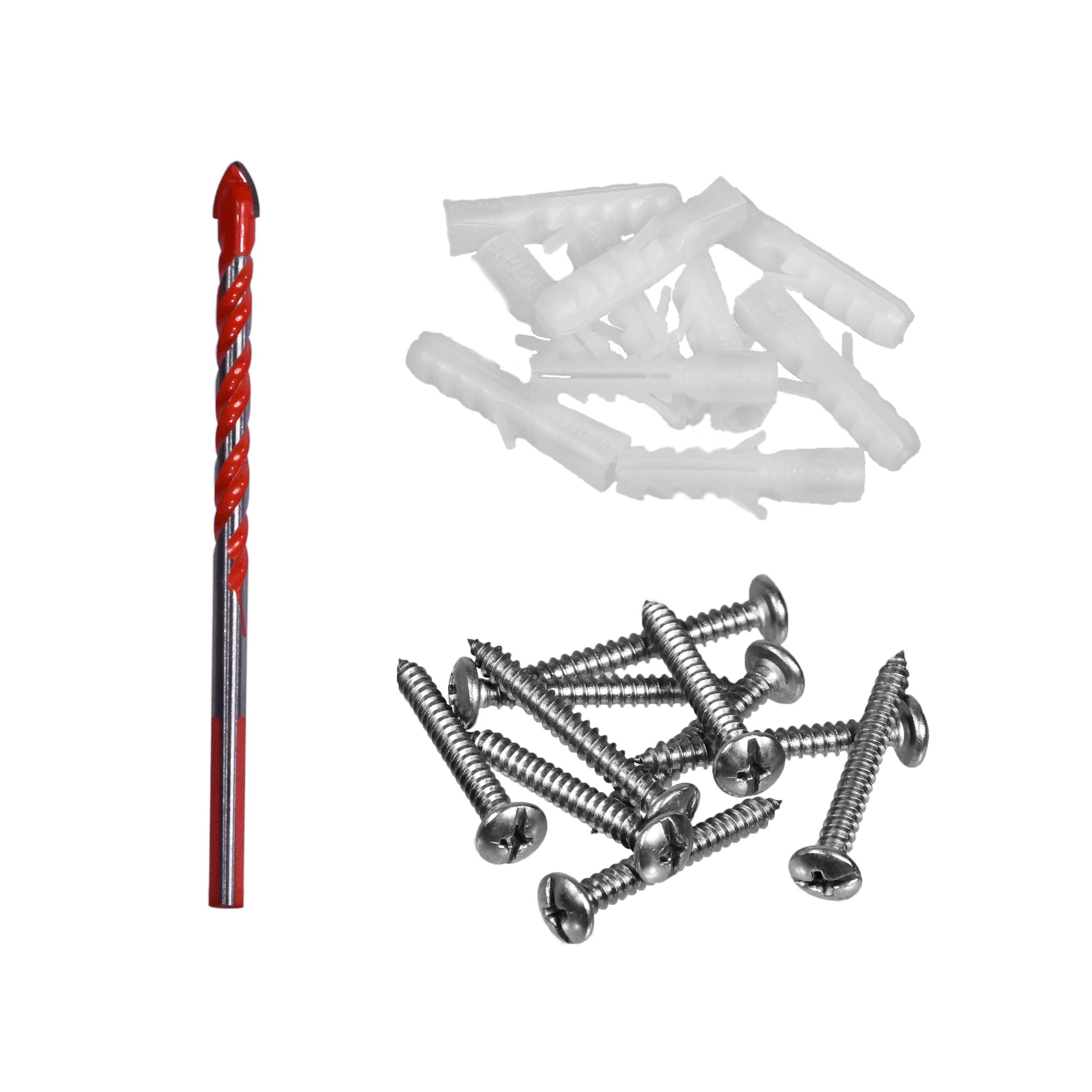 AMT Hex Shank Drill Bit 21 PCS Set, Stainless Steel Screws, 1 PC Drill Bit, 10 PCS Hardware Screws, 10 PCS Ribbed Plastic Anchors