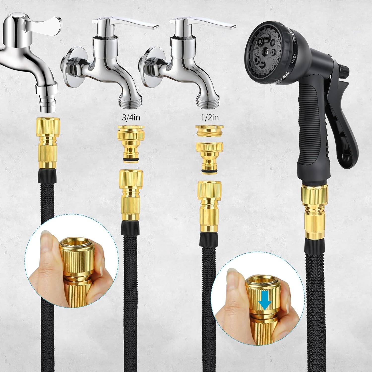 LINGKY Tuyau Arrosage Extensible 7.5m, Tuyau d'arrosage Extensible avec 8 Modes d'arrosage, Connecteur en Laiton Massif avec Adaptateur 3/4" et 1/2" pour Jardin et Lavage de Voiture