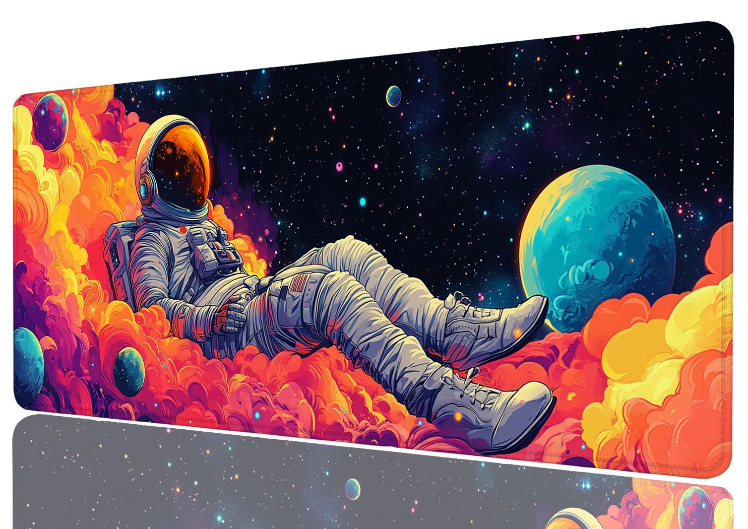 Alfombrilla de ratón con diseño de astronauta, diseño de nebulosas y planetas, tamaño XL, grande, para juegos, laptop, teclado, computadora, oficina, hogar, 31.5 x 11.8 pulgadas