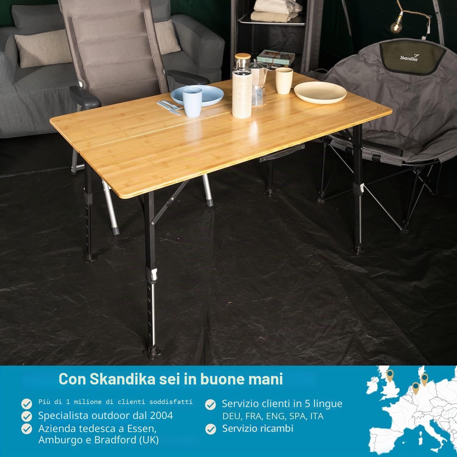 Skandika Tobro Tavolo da campeggio pieghevole | piano in bambù, regolabile in altezza, capacità di carico di 100 kg, resistente alle intemperie, borsa per il trasporto (120x70x70cm)