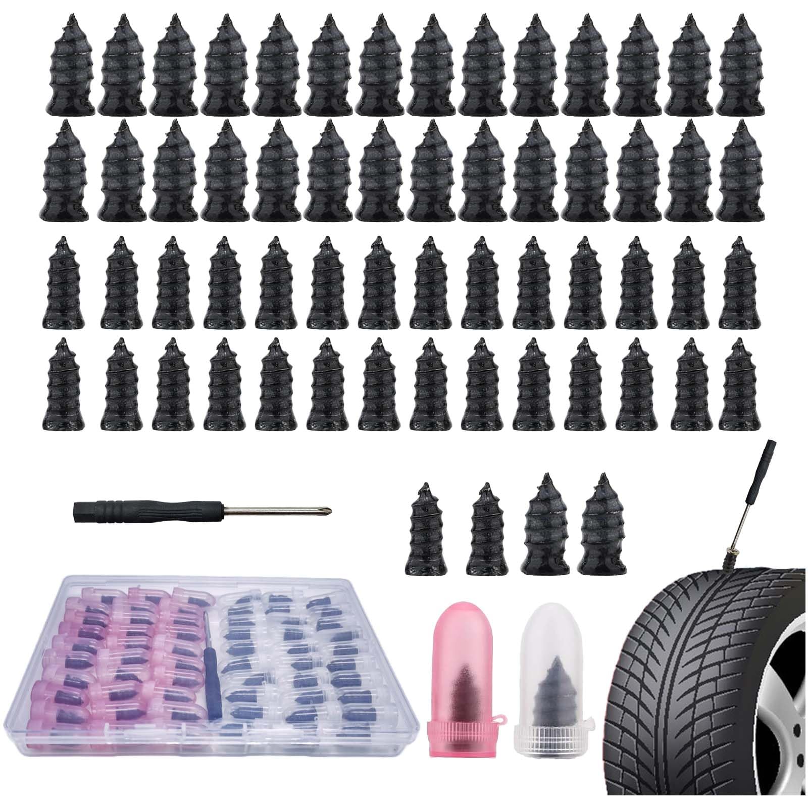 60 Pcs Tire Plugs 2 Sizes (30S/30L), Rubber Coated Emergency Tire Repair Kit with Screwdriver & 2 Color Protective Cases for Motorcycle Auto Car Truck Tractor - 1