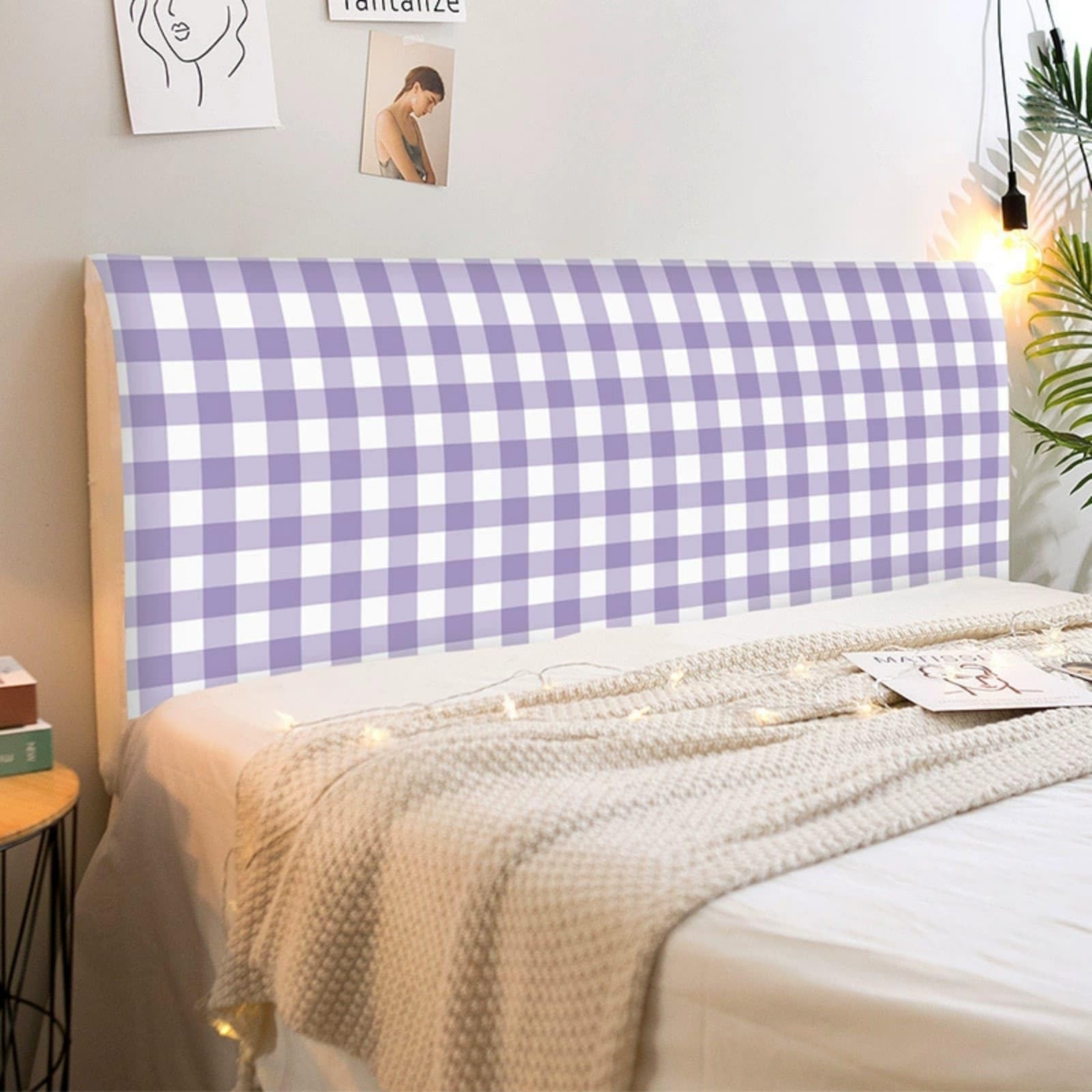 Mateju Bed Headboard Cover, Bed Headboardcover Stretch Headboard Covers Dustproof Modern Elastic Universal 120-220cm Plaid Gingham Style Head Board Slipcover All-Inclusive (Purple,200cm)