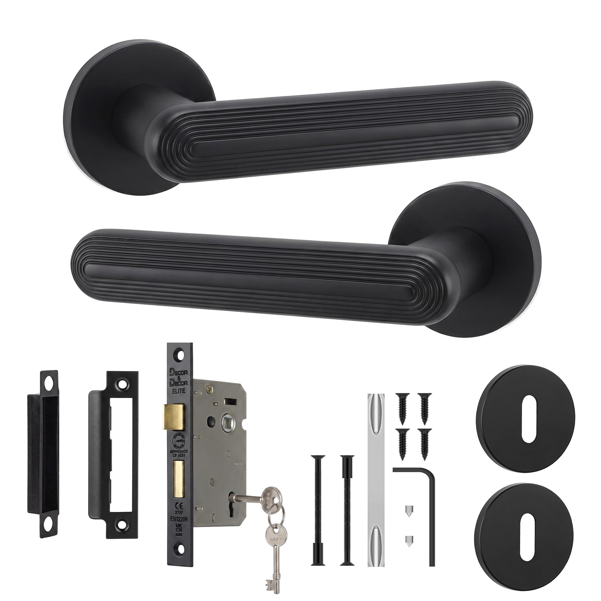 Decoranddecor Matt Black Internal Door Handles, Sash Lock Kit 76mm