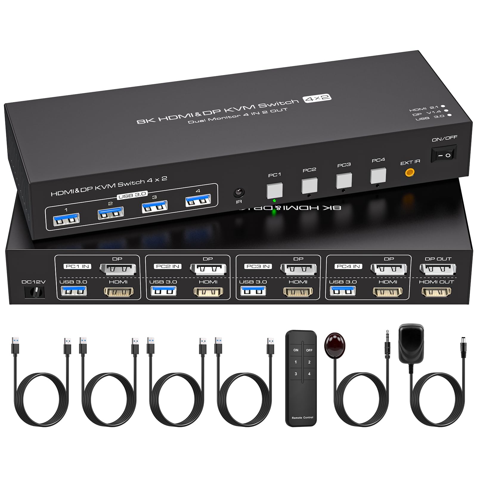 VPFET Commutateur KVM HDMI Displayport 4K144Hz 4 PC 2 moniteurs 8K60Hz DP 1.4 HDMI 2.1 4 ports Commutateurs KVM pour 4 ordinateurs, 2 moniteurs et 4 USB 3.0, avec adaptateur DC12V et 4 câbles USB 3.0