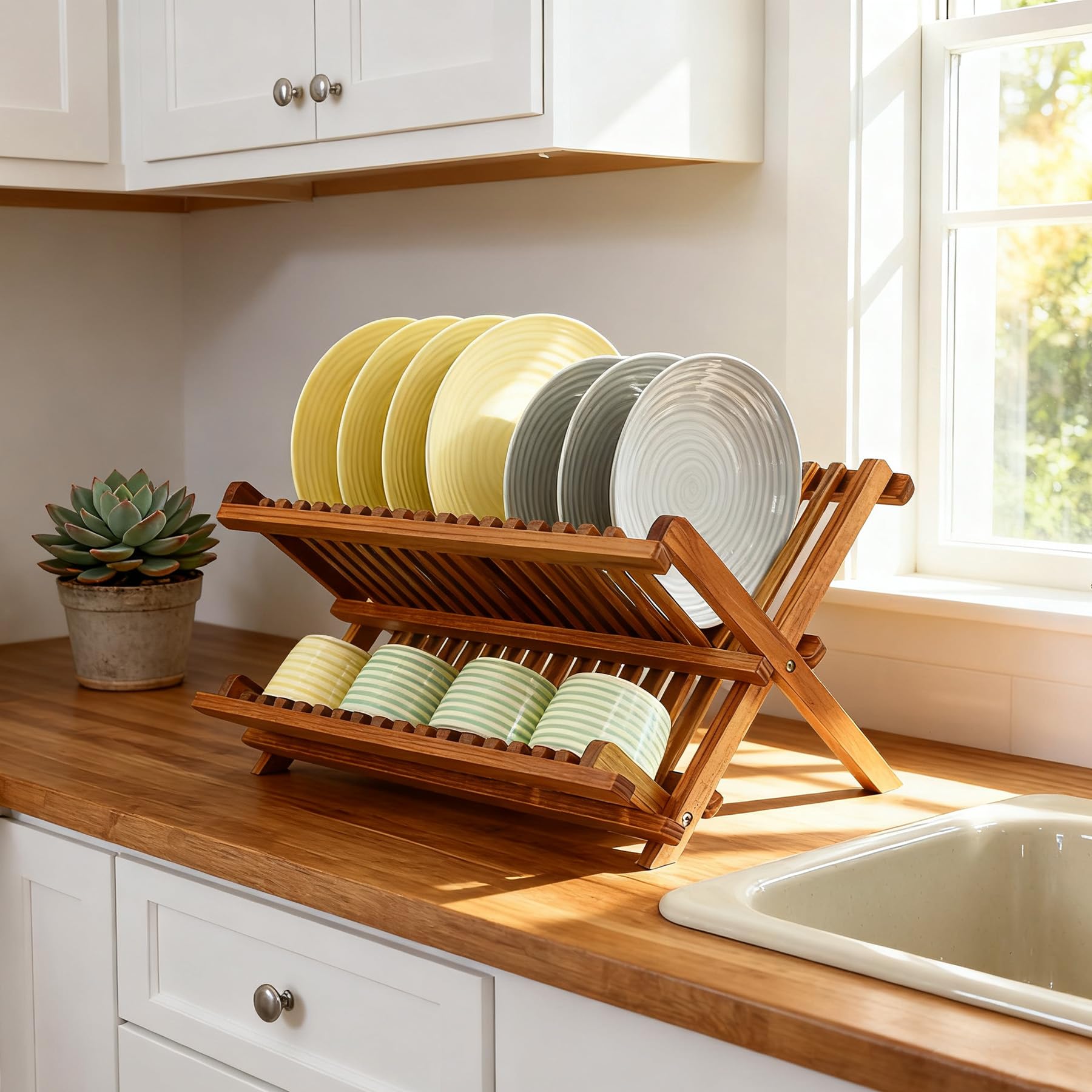 Utoplike Scolapiatti pieghevole in teak, a 2 ripiani, scolapiatti pieghevole, organizer per piatti da cucina, compatto