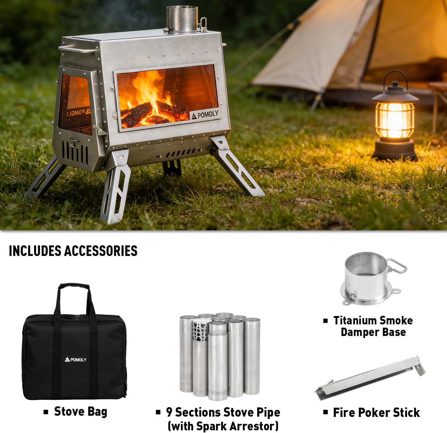 POMOLY Camping Wood Stove Tent Stove, Dagger Ti Titanium Wood Burning Stove with Chimney Pipe for Hiking, Cooking