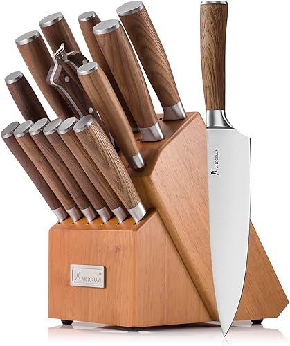 Natura Series - Juego de 15 bloques de cuchillos, acero inoxidable de alto carbono ultra afilado con mango de madera